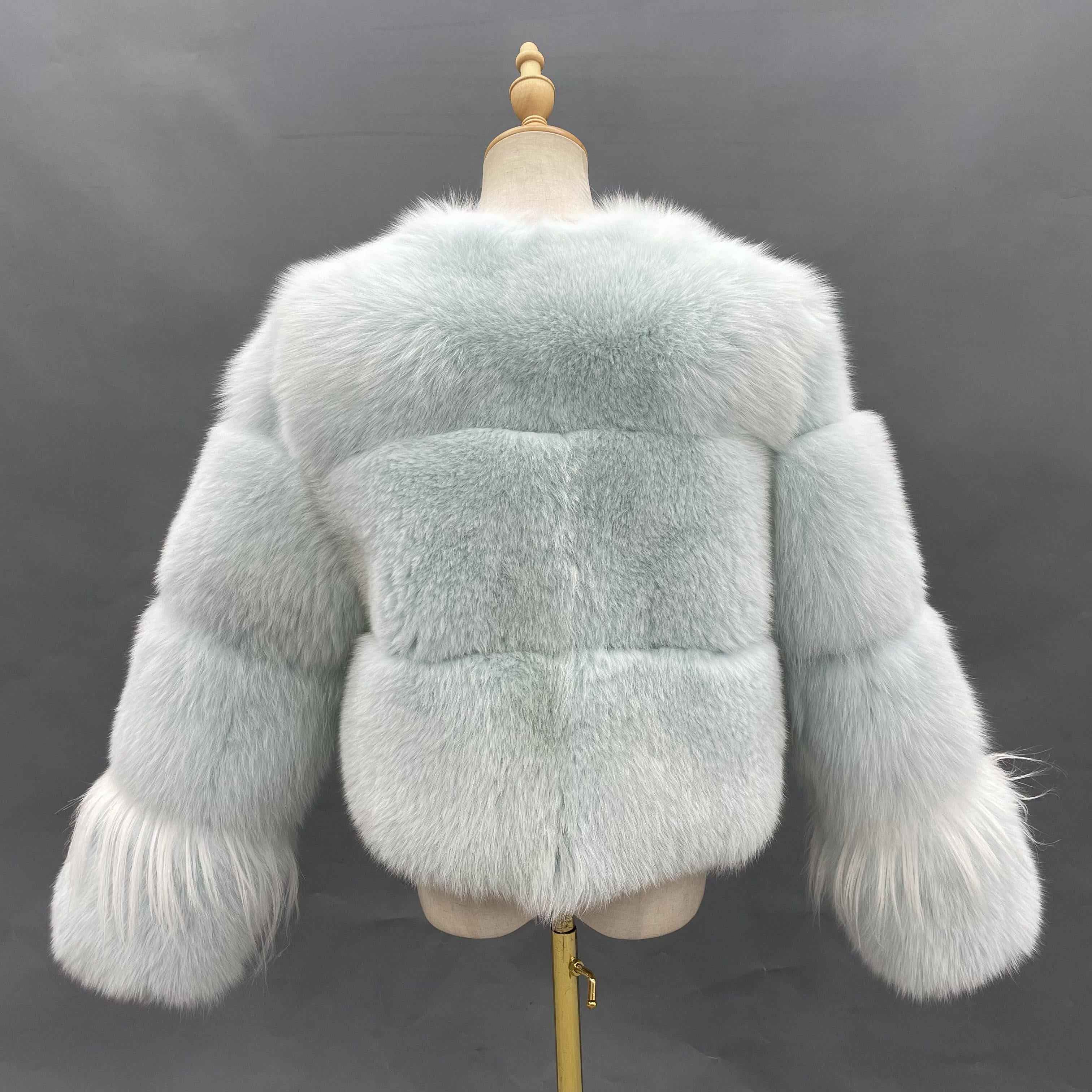 Women's Luxury Light Aqua Fox Fur Cropped Jacket - Long-Haired Cuff Detail Winter Fashion Warm Outerwear