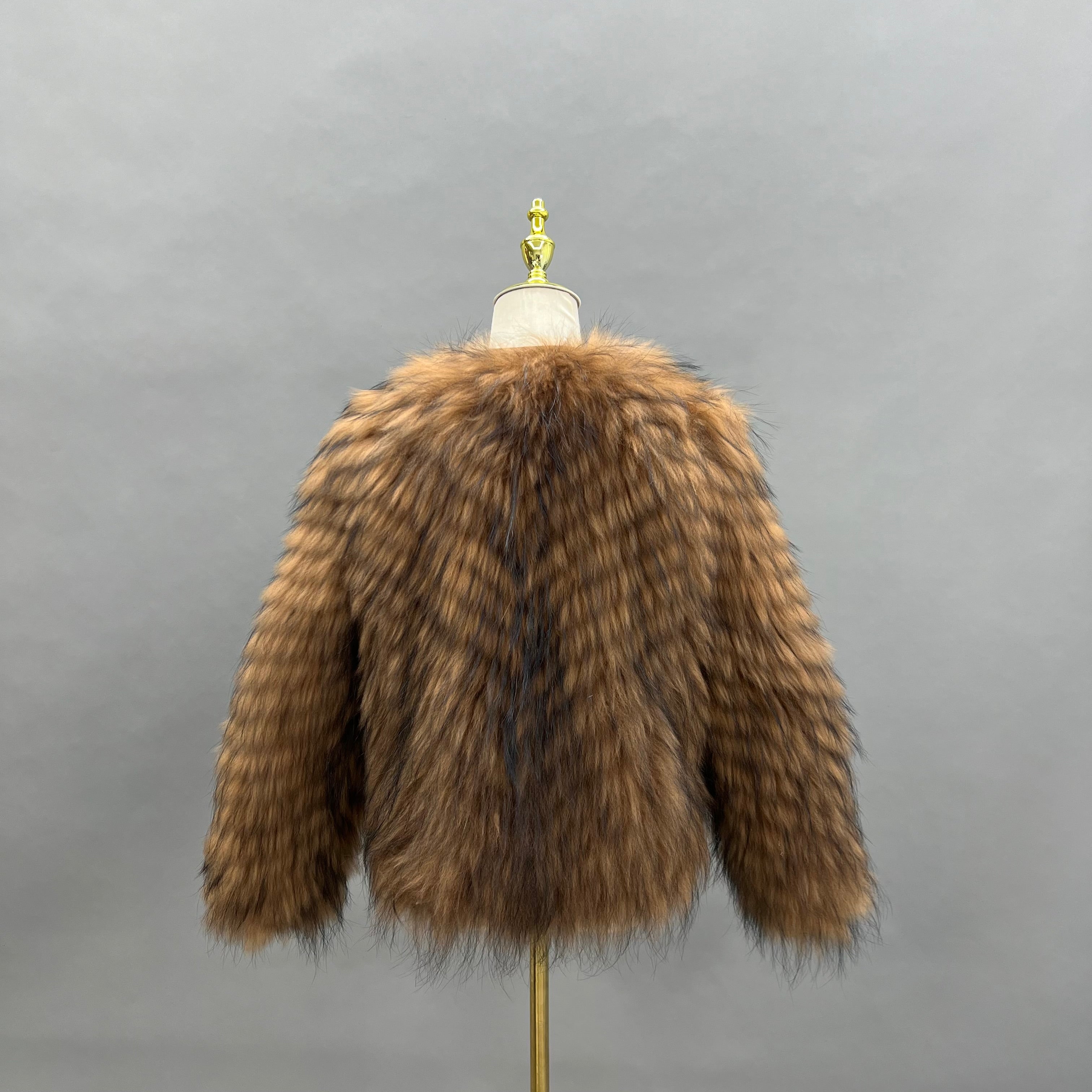 Real Raccoon Fur Coat for Women – Short Length, Carved Stripe Pattern, Warm Winter Jacket