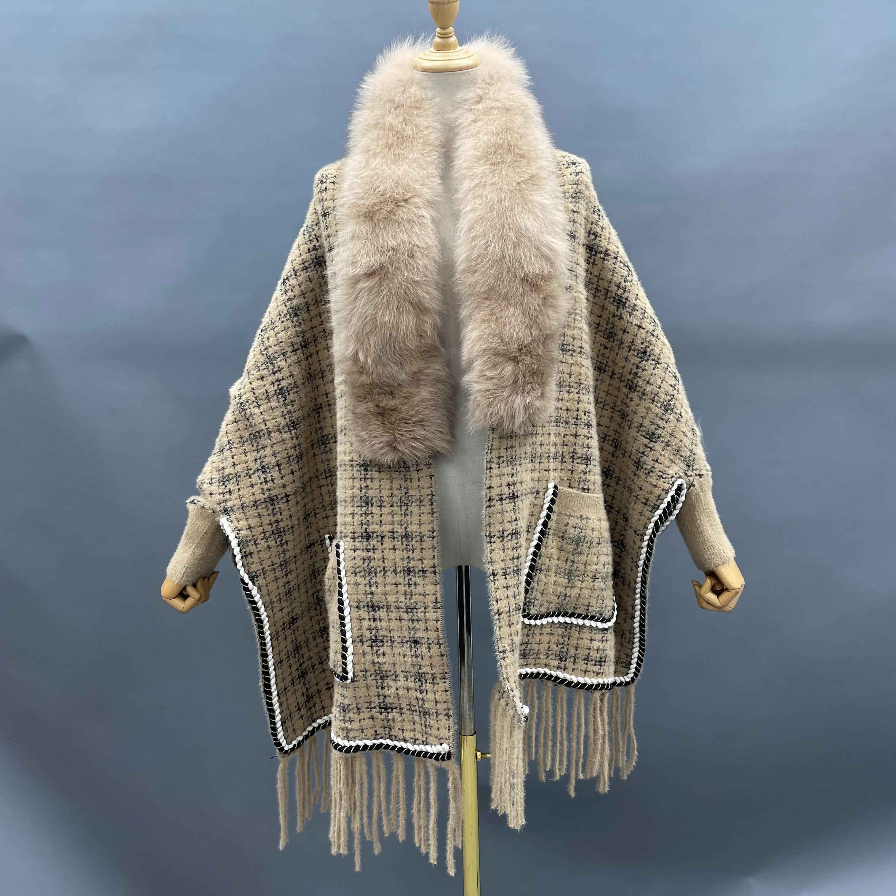 Women's Luxurious Chanel-Style Tweed Check Shawl Cardigan with Fox Fur Collar, Ribbed Cuffs & Fringe Detail - Winter Fashion Outerwear 1#Beige F