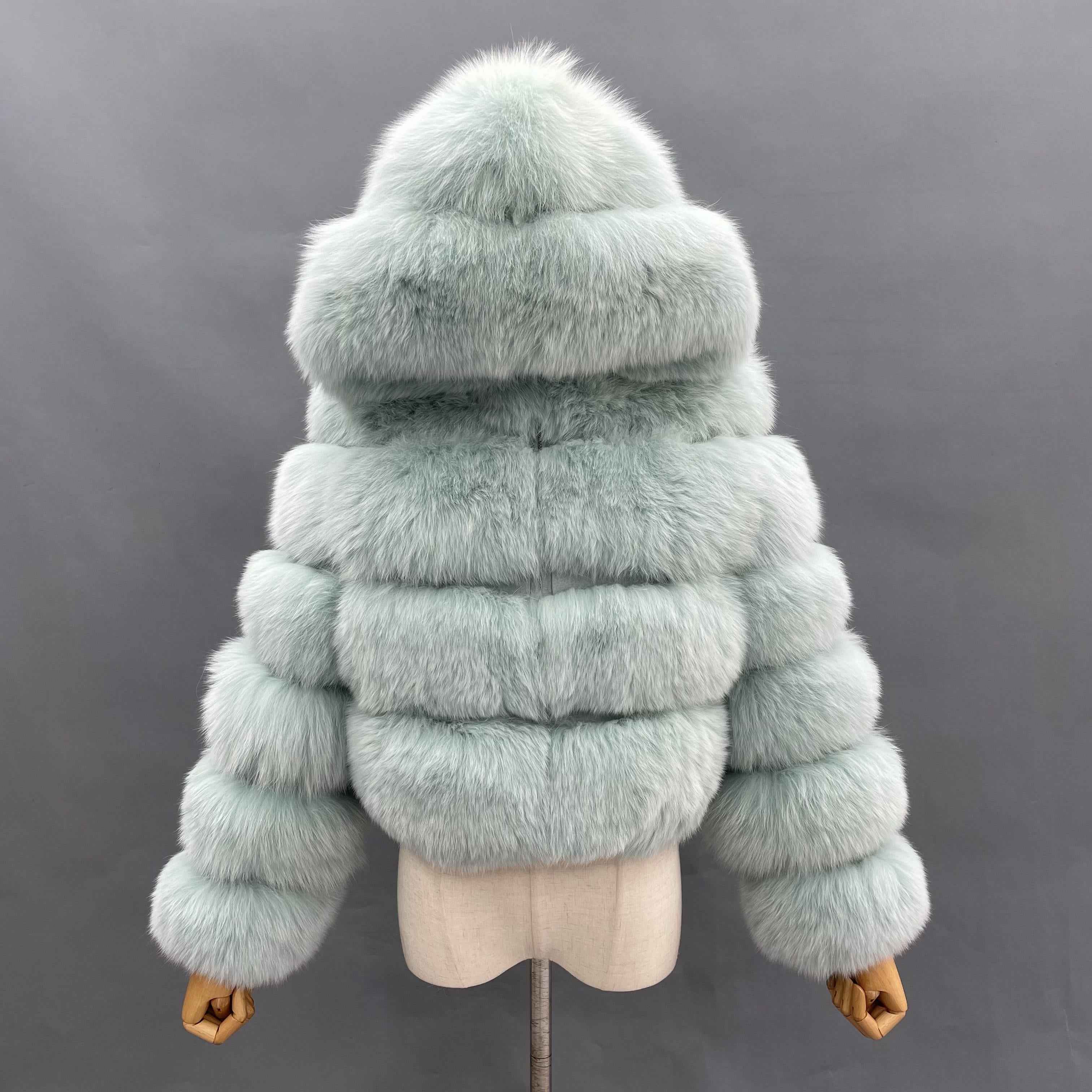 Women's Premium Fox Fur Hooded Short Coat - Layered Design Winter Fashion Warm Jacket Light Aqua