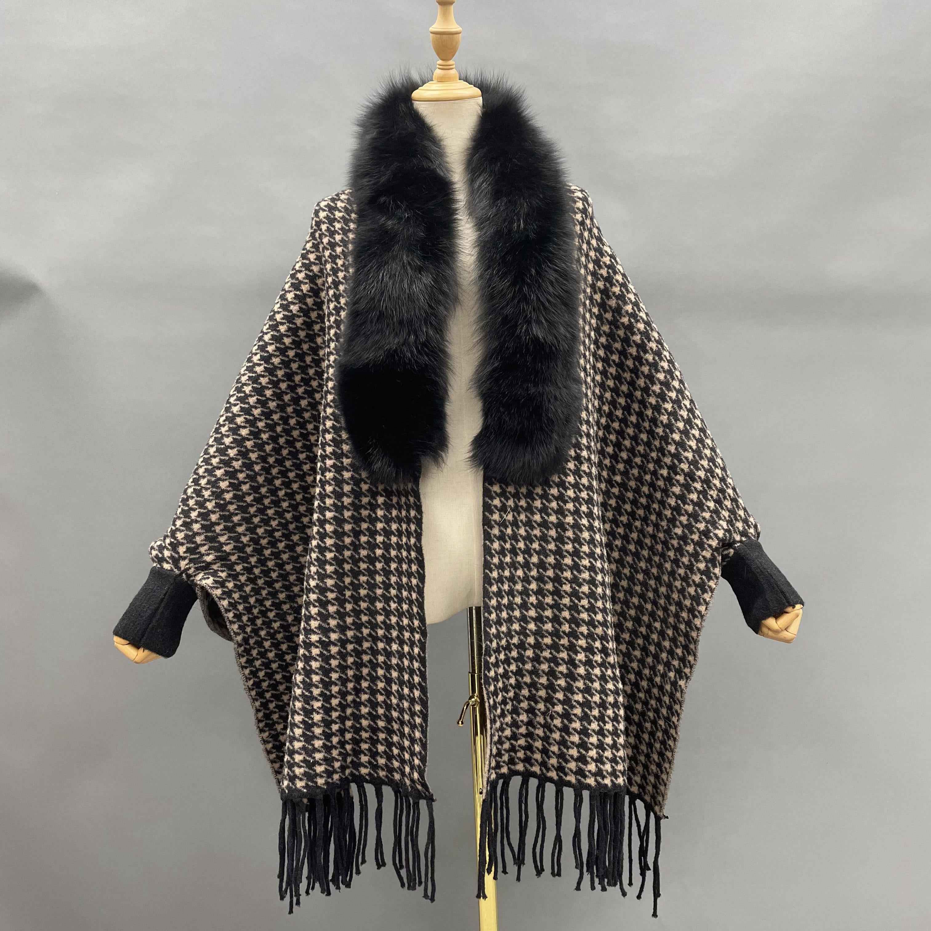 Women's Houndstooth Cape with Fox Fur Collar, Ribbed Cuffs & Fringe Detail - Luxurious Winter Outerwear 2#Black Beige F