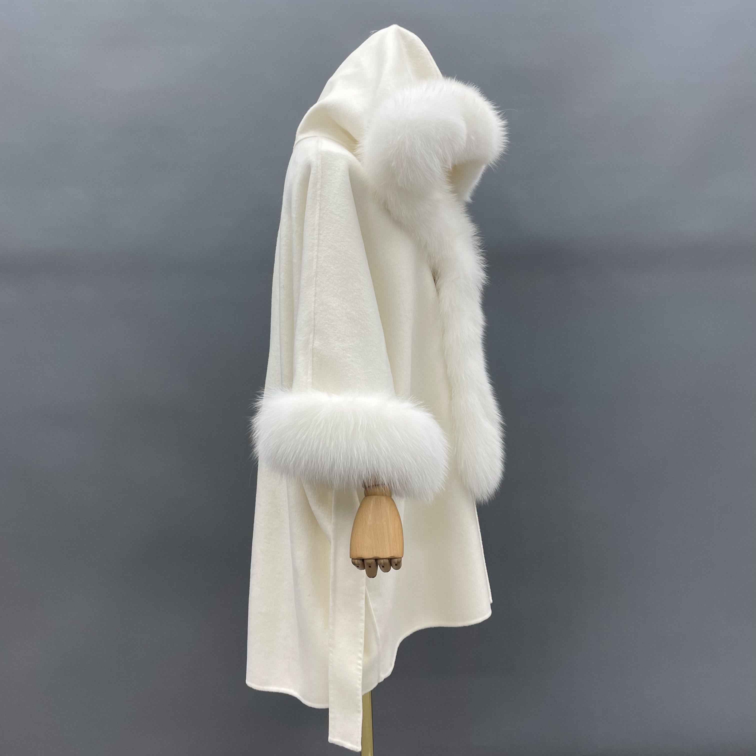 Asymmetrical Double-Faced Wool Coat with Fox Fur Trim Hood and Cuffed Sleeves – High Low Hem Luxury Overcoat
