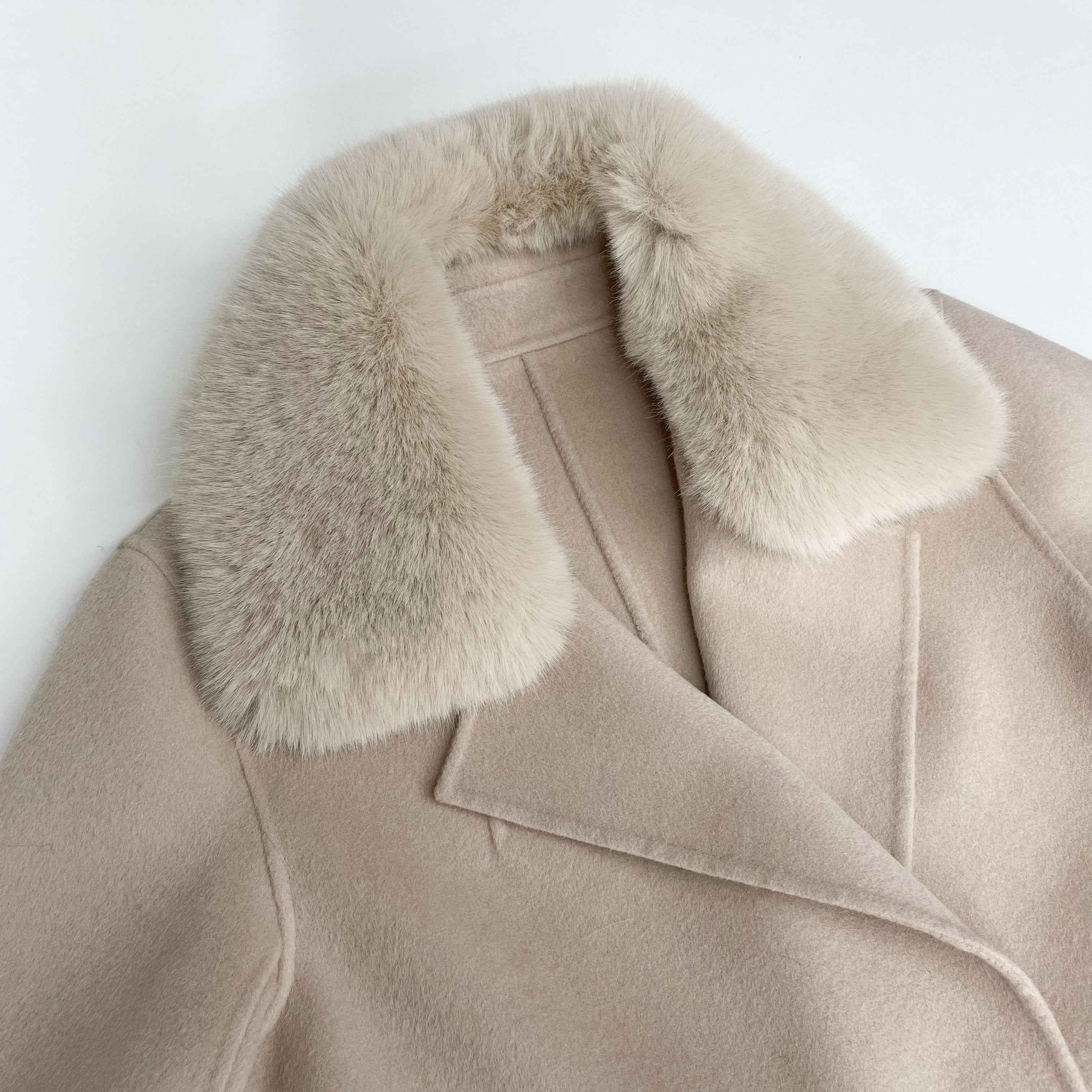 Elegant Double - Faced Wool Long Coat with Faux Fur Collar, Faux Fur Cuffs and Double - Breasted Design