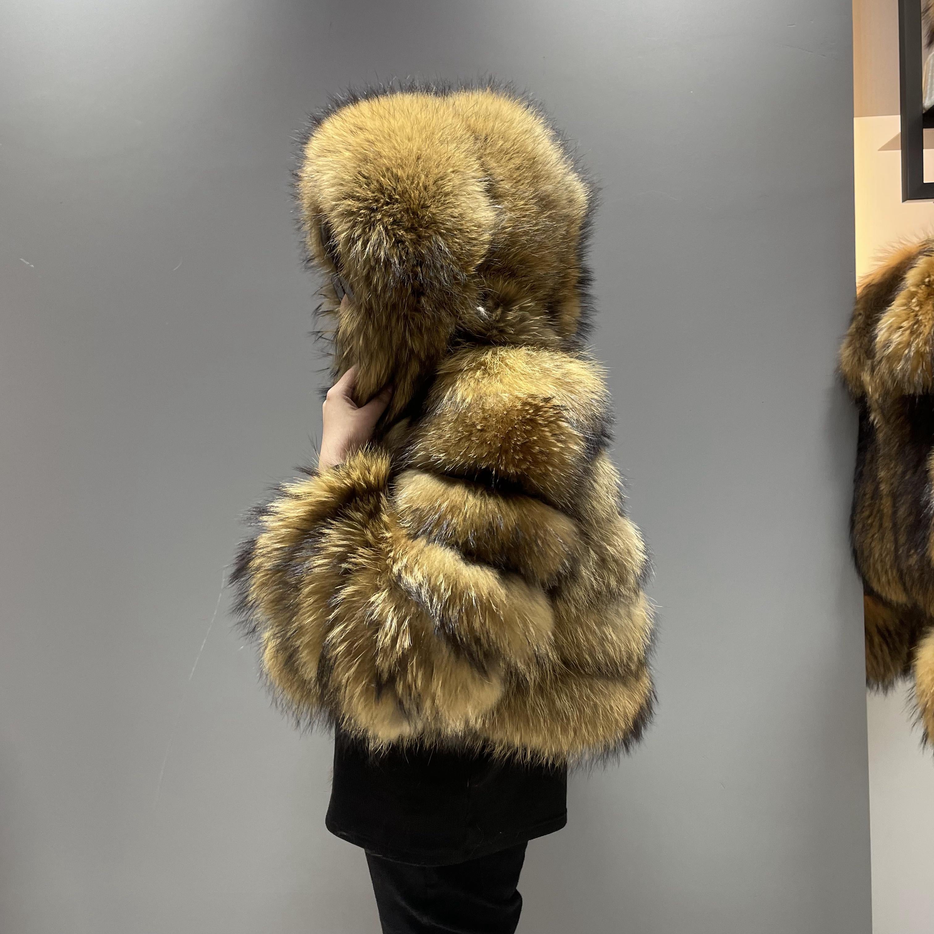 Women's Short Raccoon Fur Jacket with Hood and Zipper – 5-Section Real Fur Coat for Winter