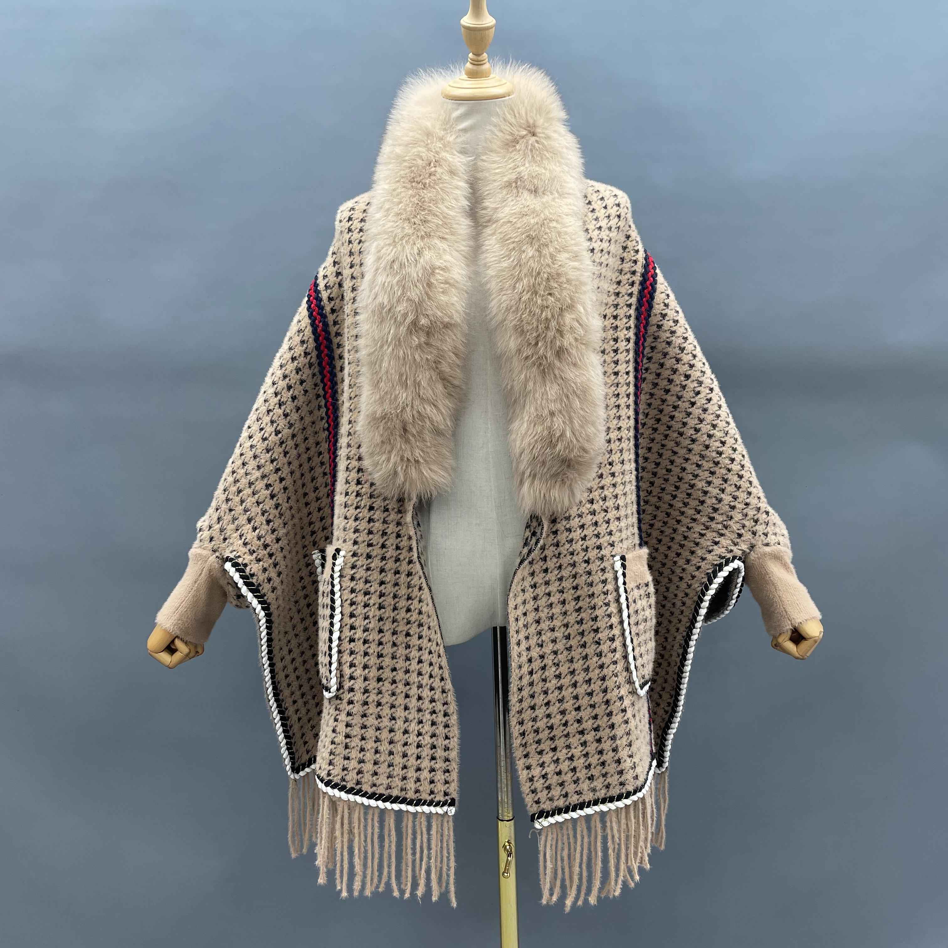 Women's Houndstooth Cape with Fox Fur Collar, Webbing Details, Pockets & Fringe - Luxurious Winter Shawl Accessory 3#Beige F