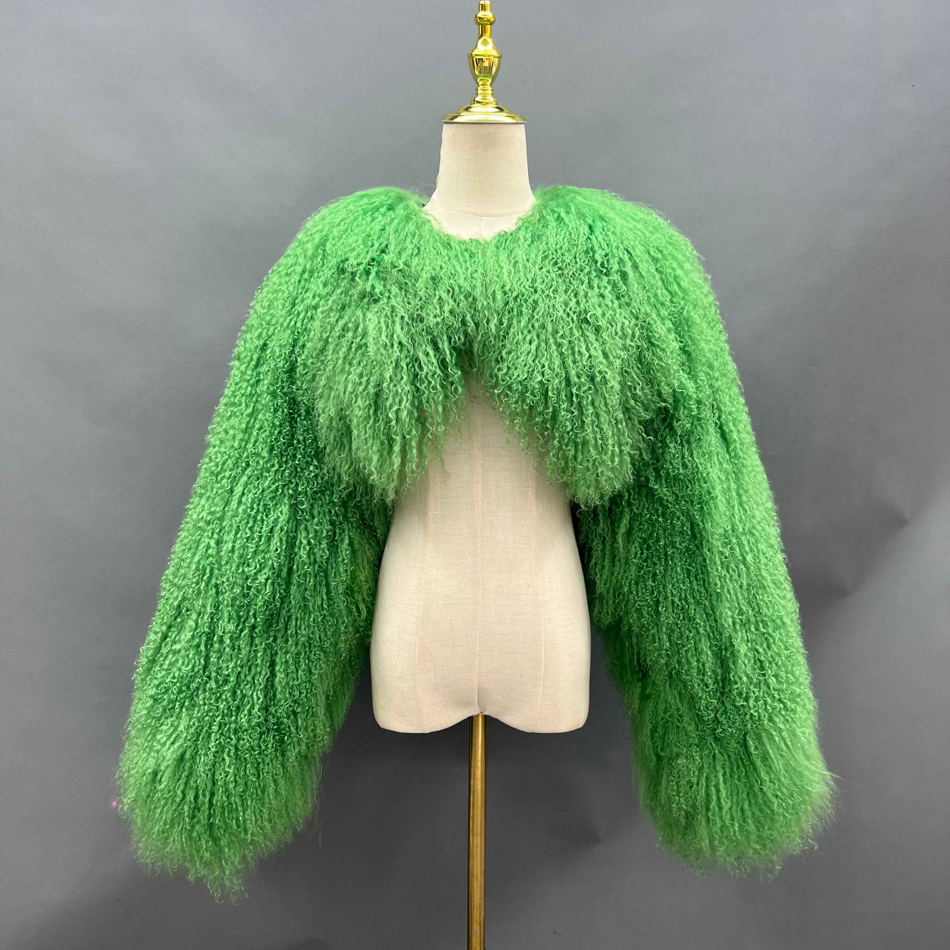 Women's Green Mongolian Lamb Fur Sleeveless Cape – Long Curly Hair, Fashionable Statement Outerwear for Women Green
