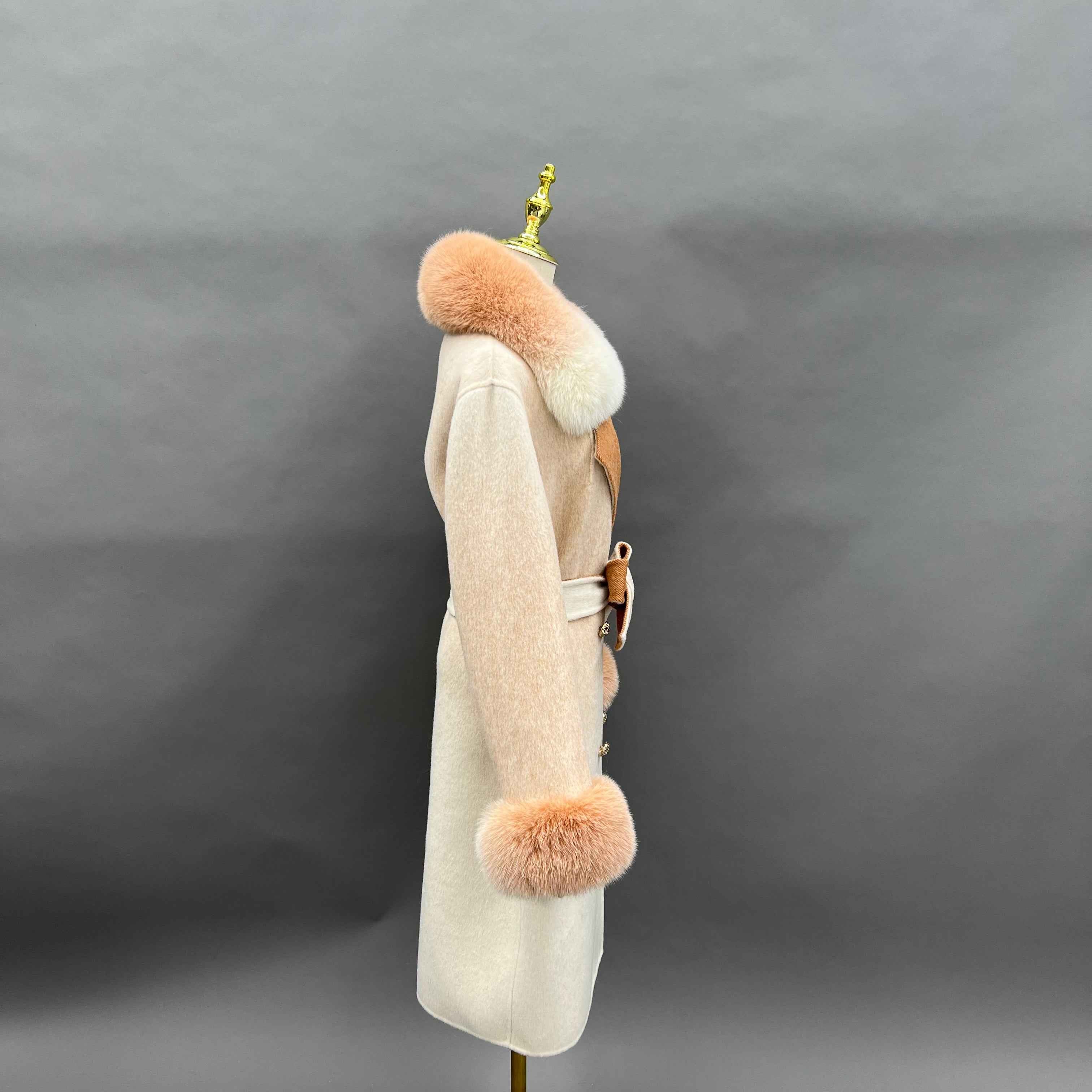 Cashmere Double Faced Coat with Fox Fur Collar & Cuffs, Tie Belt and Delicate Collar Design