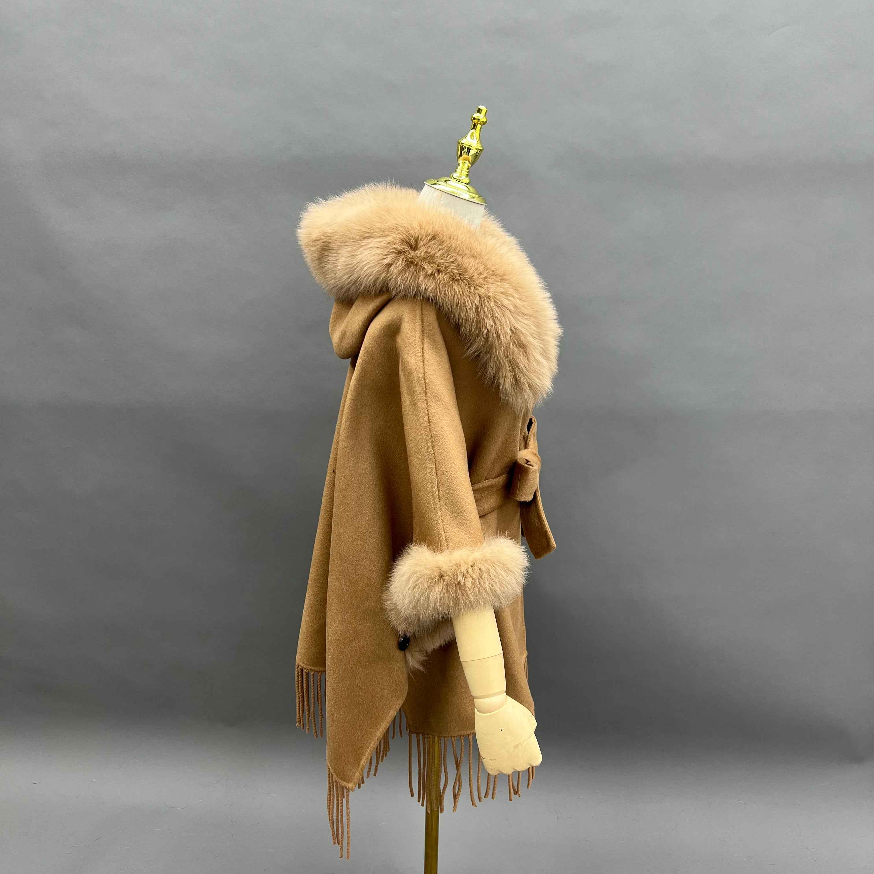 Hooded Double - Faced Wool Cape Coat with Fox Fur Trim and Fringe Hem