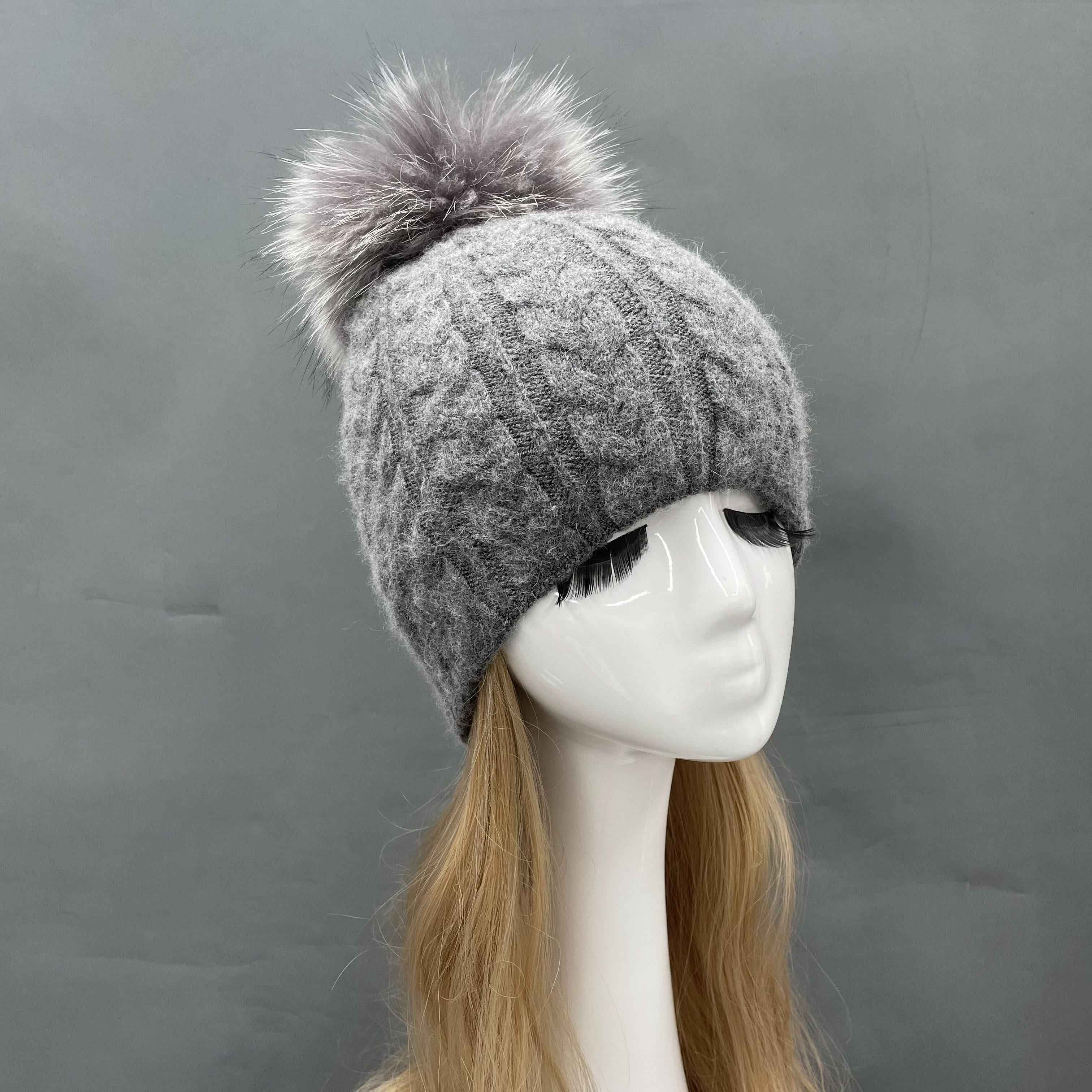 Women's Black Cable Knit Beanie with Real Raccoon Fur Pom-Pom – Soft Rabbit Blend Winter Hat for Women 2#Grey a25 b42-70