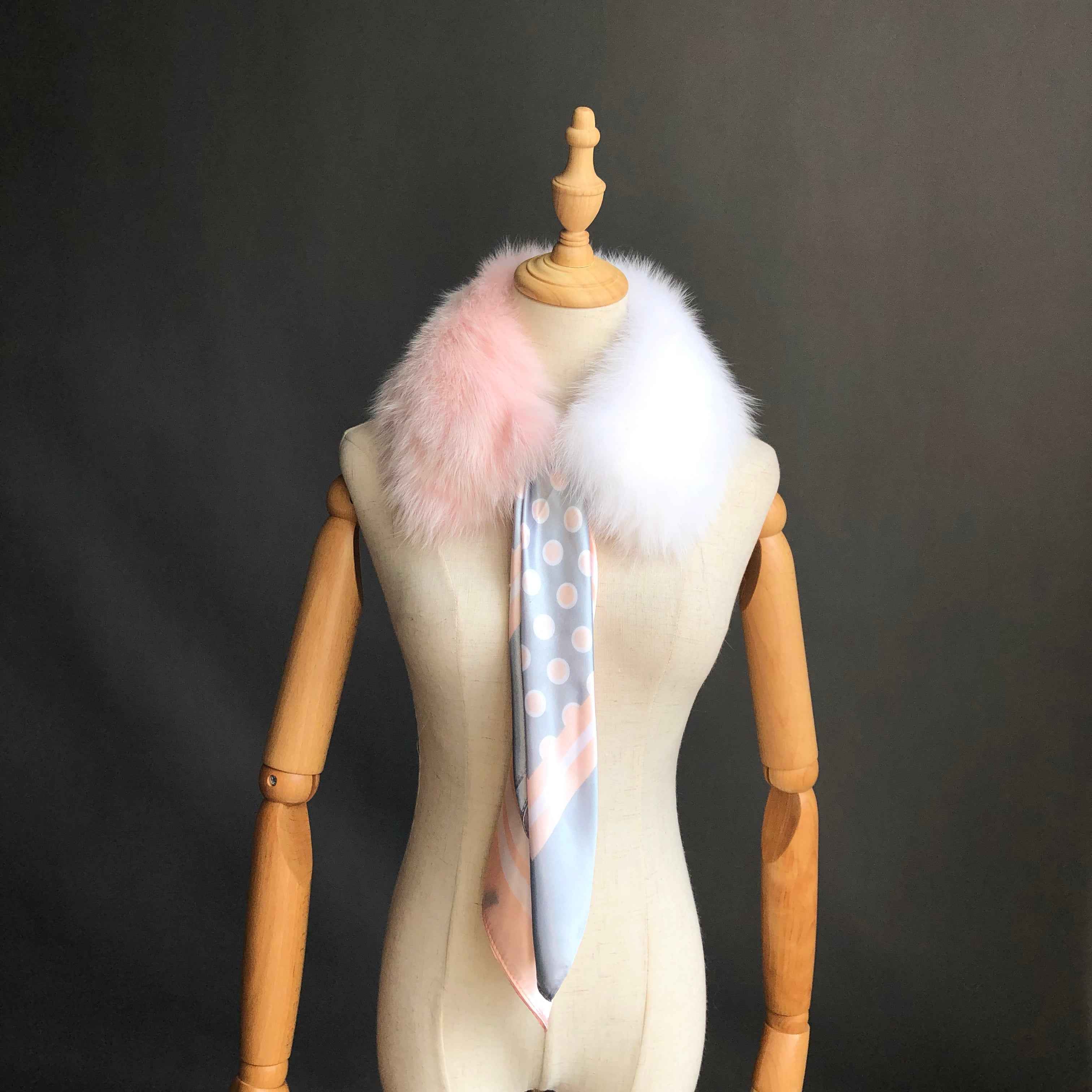 Women's Luxurious Color-Block Fox Fur Small Square Collar with Printed Silk Scarf - Fashion Accessory Pink White F