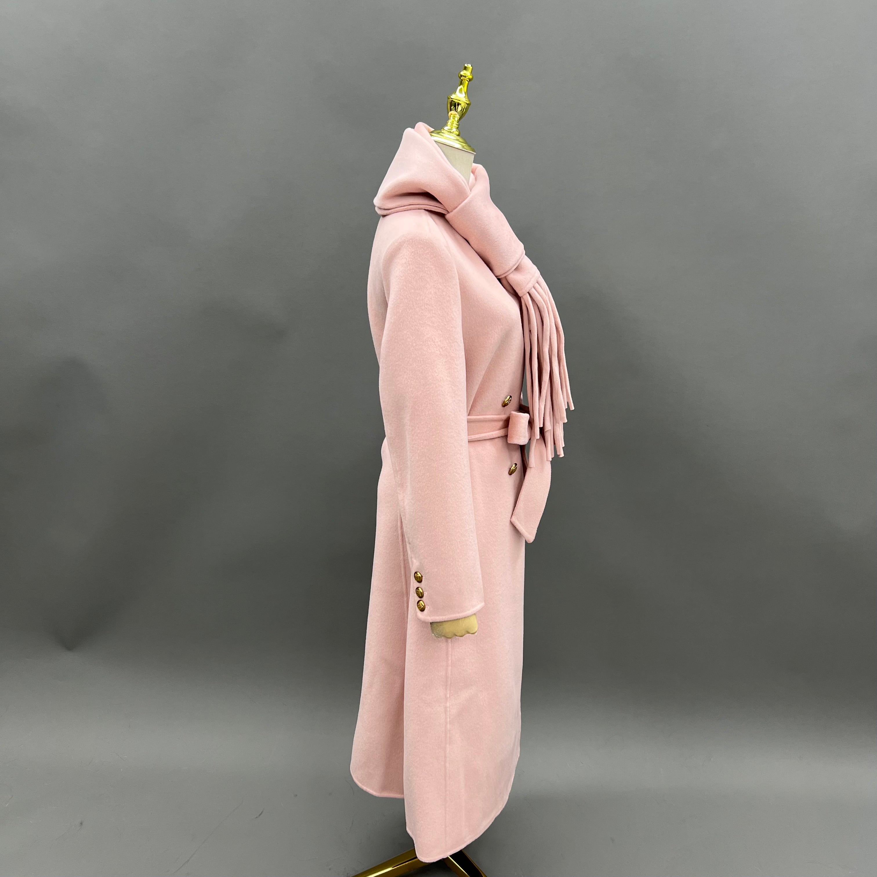 Women’s Pink Double-Faced Wool Coat with Fringed Scarf Collar – Double-Breasted Long Winter Jacket for Elegant Fashion