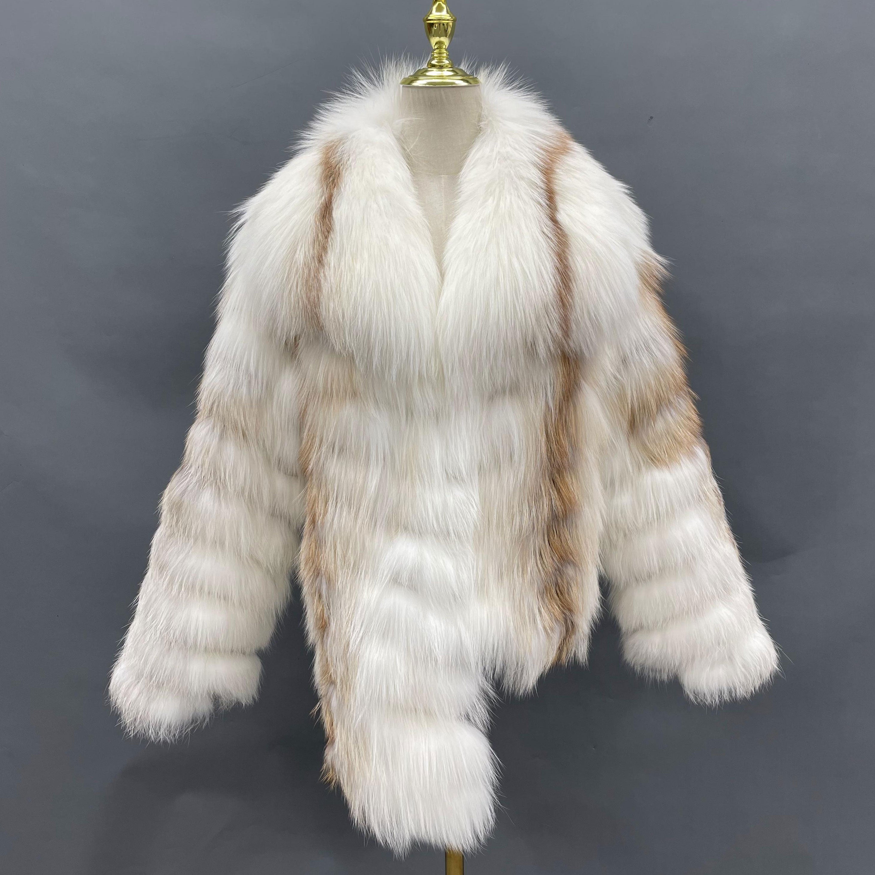 Real Fox Fur Jacket for Women – Short Length, Carved Stripe Design, Large Collar Winter Outerwear 3