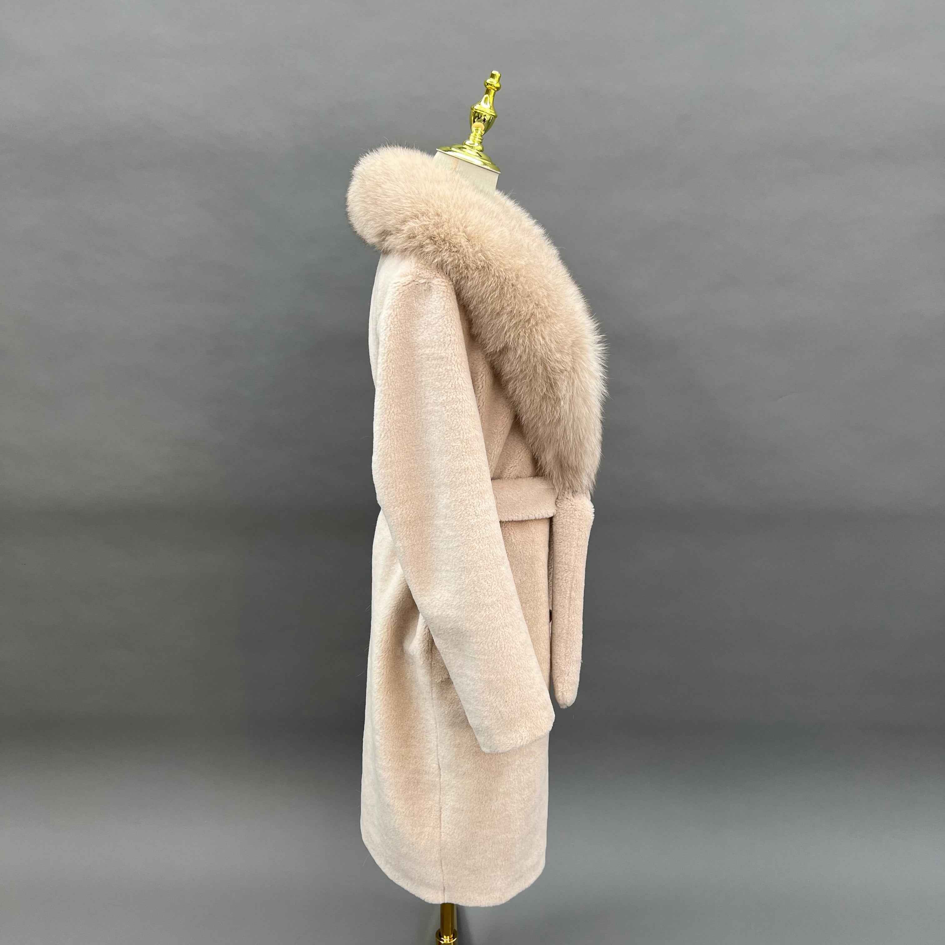 Luxury Shearling Long Coat with Oversized Faux Fur Collar
