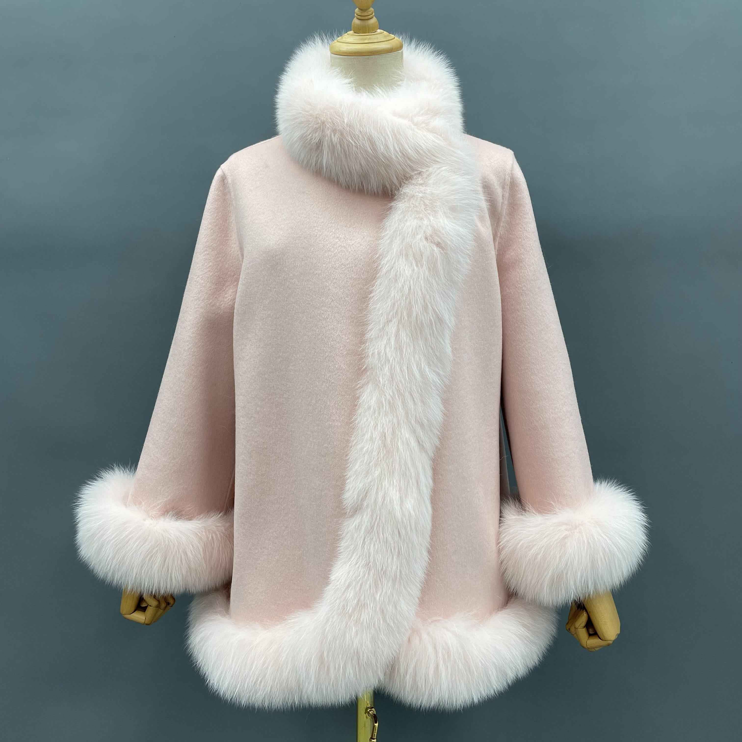 Women's Luxury Double - Faced Wool Cape with Fox Fur Trim