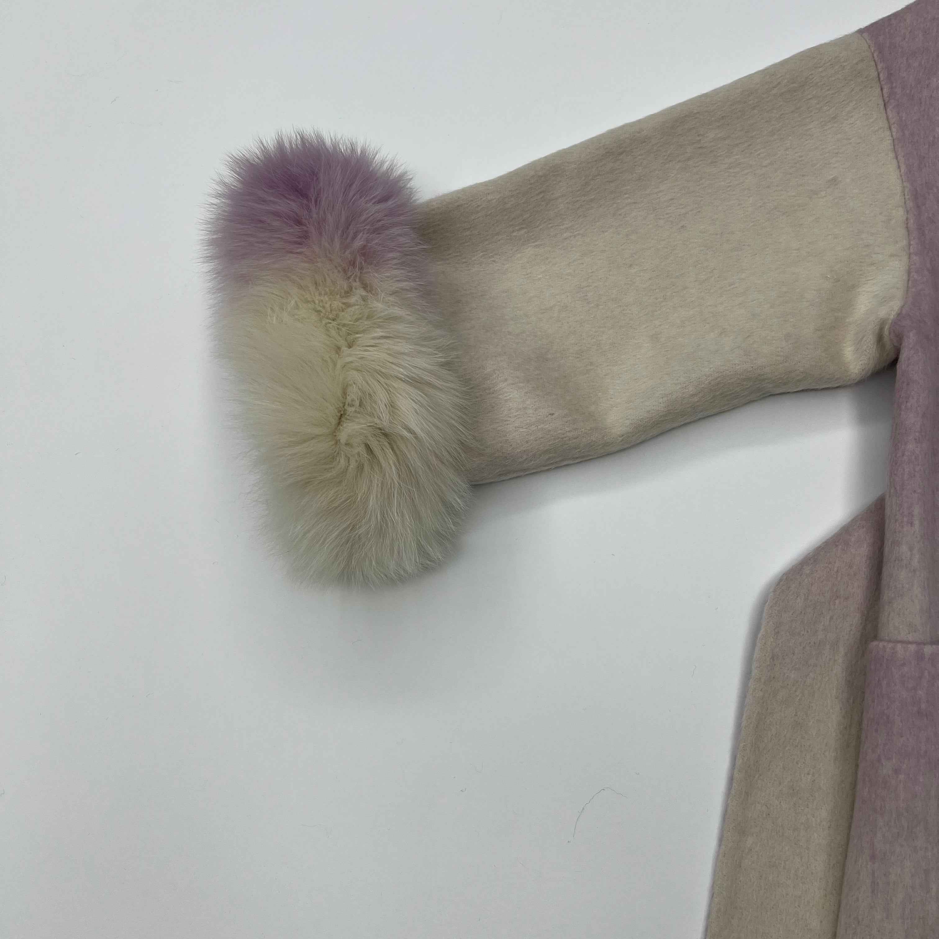 Gradient Color Double Faced Wool Cashmere Coat with Fur Cuffs - Tie Waist Winter Outerwear