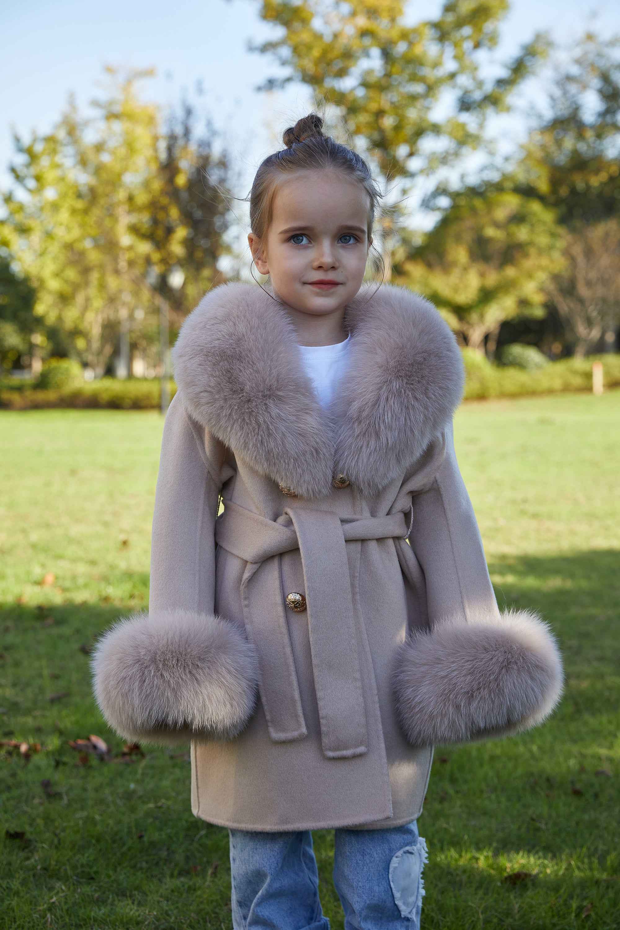 European Style Long Double Side Real Fur Shawl Collar Cashmere Wool Fur Children Coat
