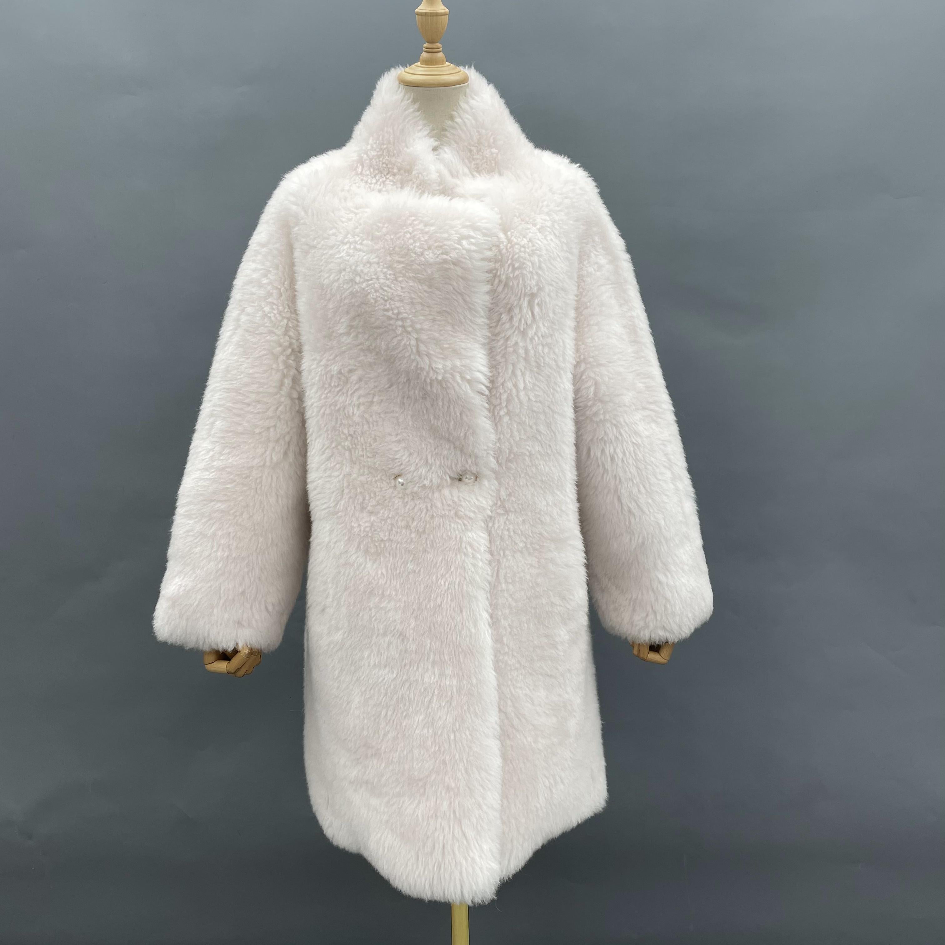 Women's Pink Sheepskin Shearling Long Coat with Stand Collar, Pearl Buttons - Classic & Versatile Winter Outerwear