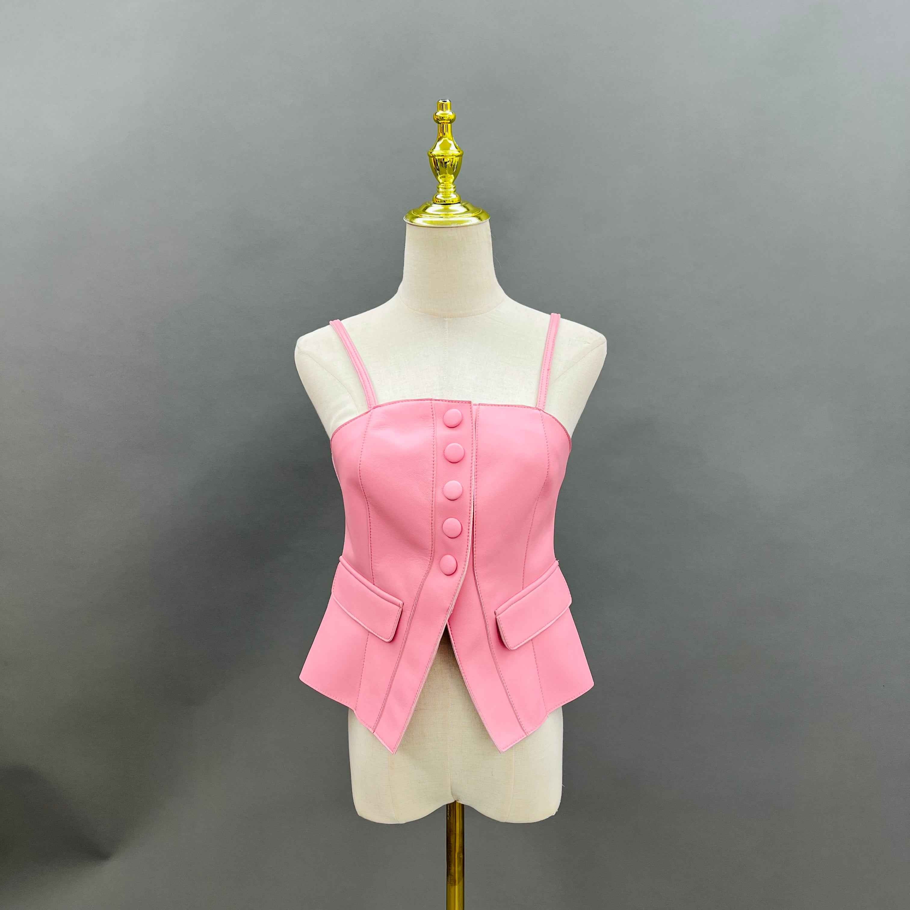 Pink Faux Leather Corset Top with Vertical Buttons and Pockets – Women’s Strappy Bodysuit for Casual & Party Wear