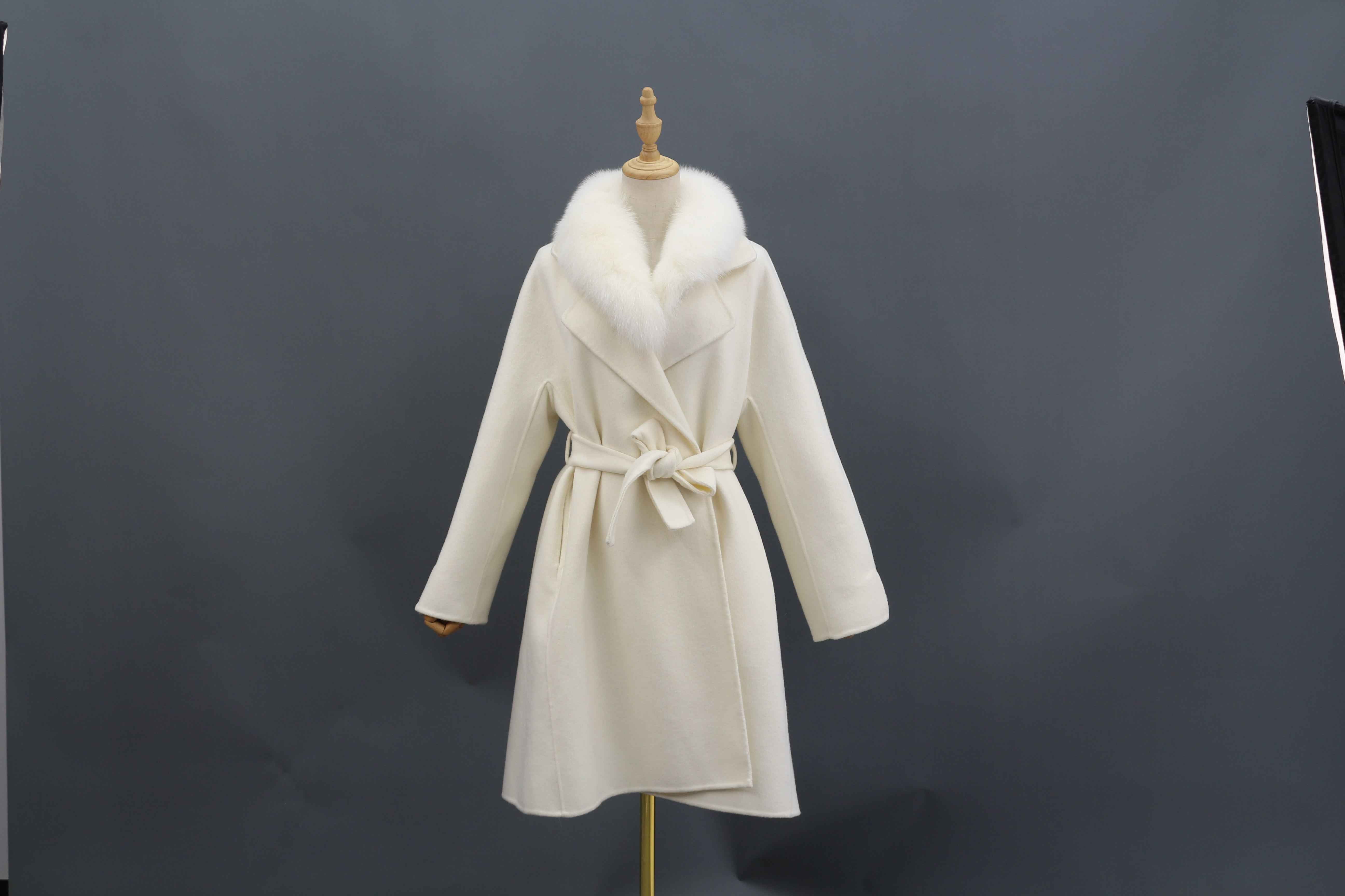 Women's Luxury Double - Faced Cashmere Coat with Fox Fur Collar, Small Flared Hem, Belted Elegant Winter Outerwear