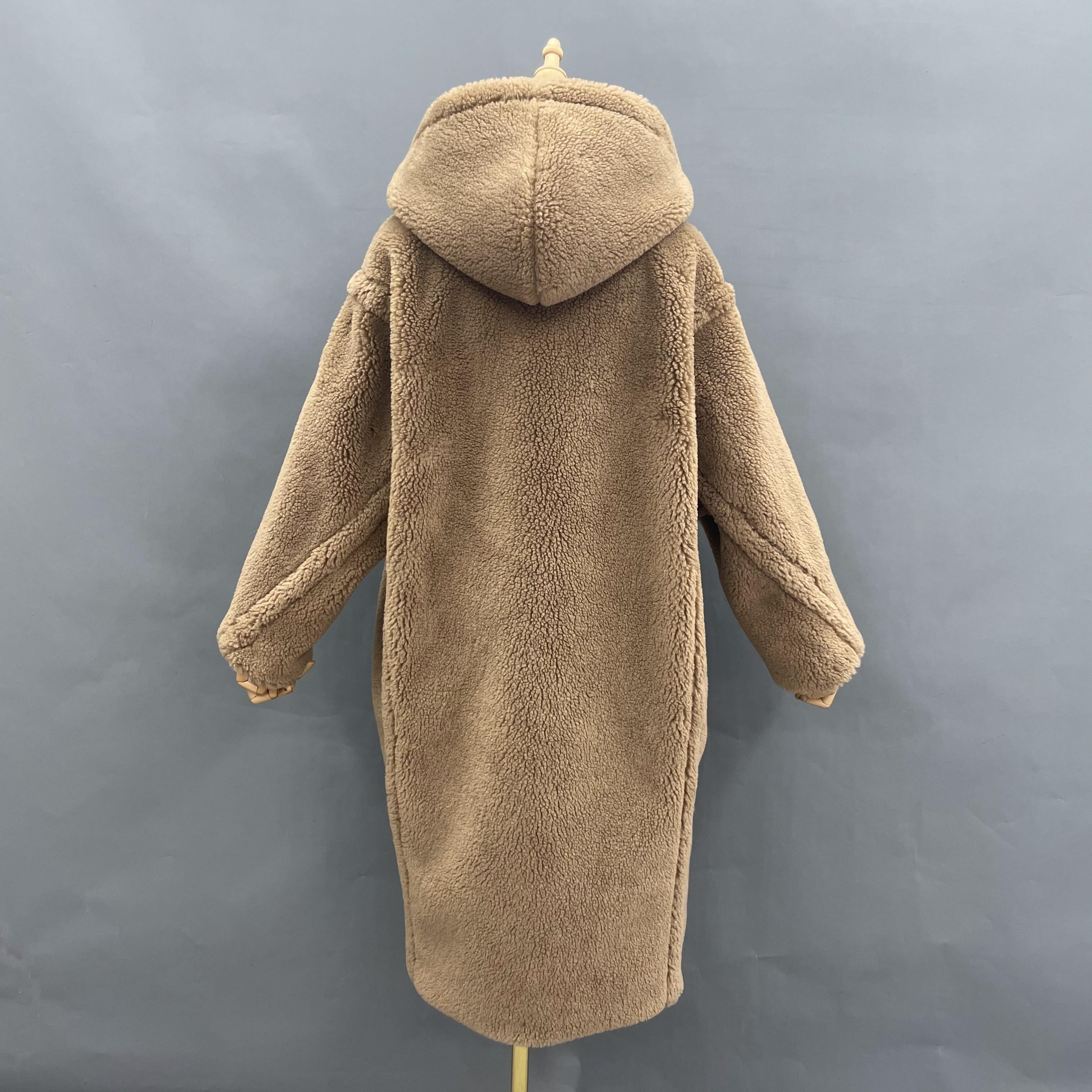 Women's Tan Hooded Teddy Fleece Long Coat with Double-Breasted Notched Lapel - Warm Winter Outerwear