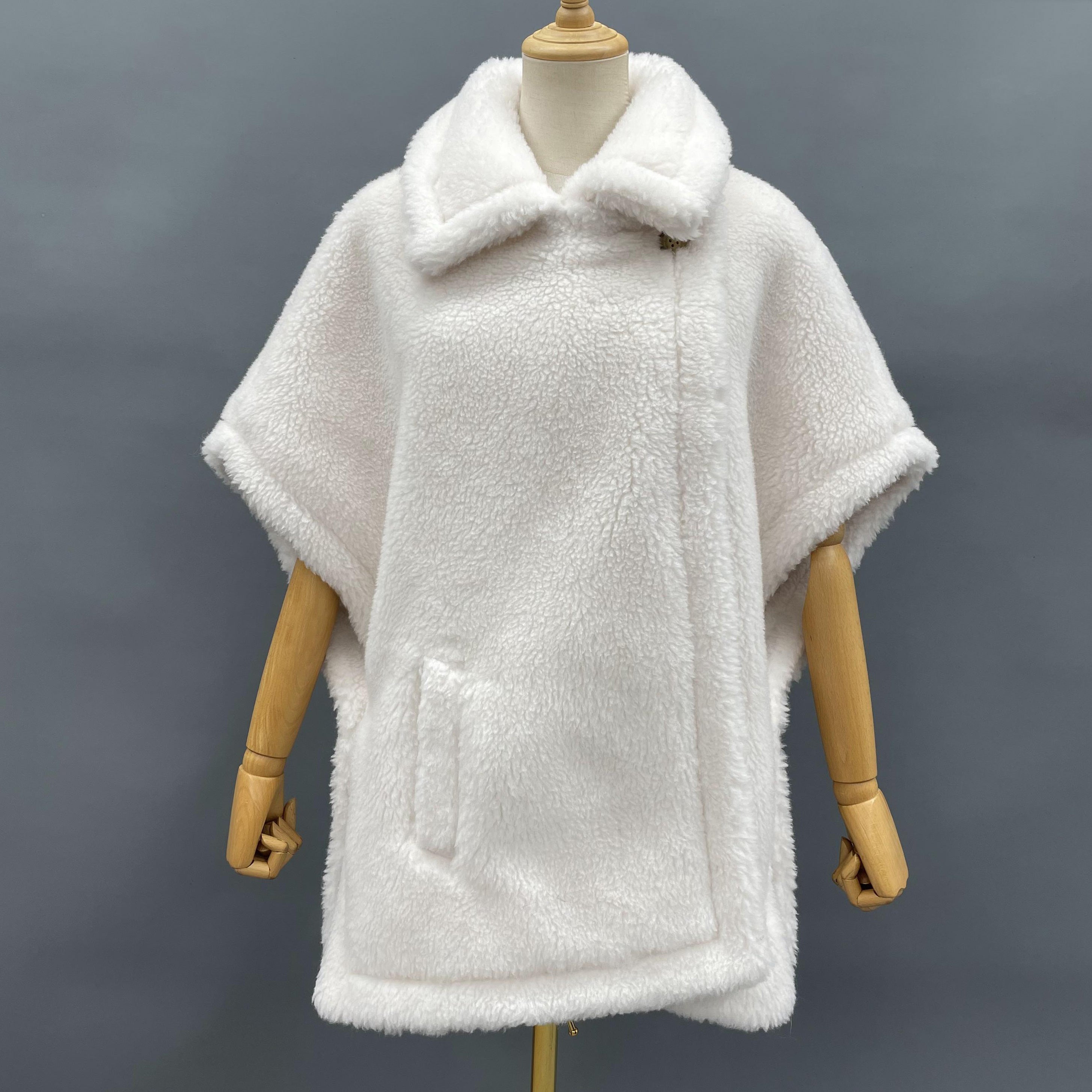 Women's Tan Teddy Fleece Poncho Coat with Notched Lapel & Pocket - Chic Winter Outerwear