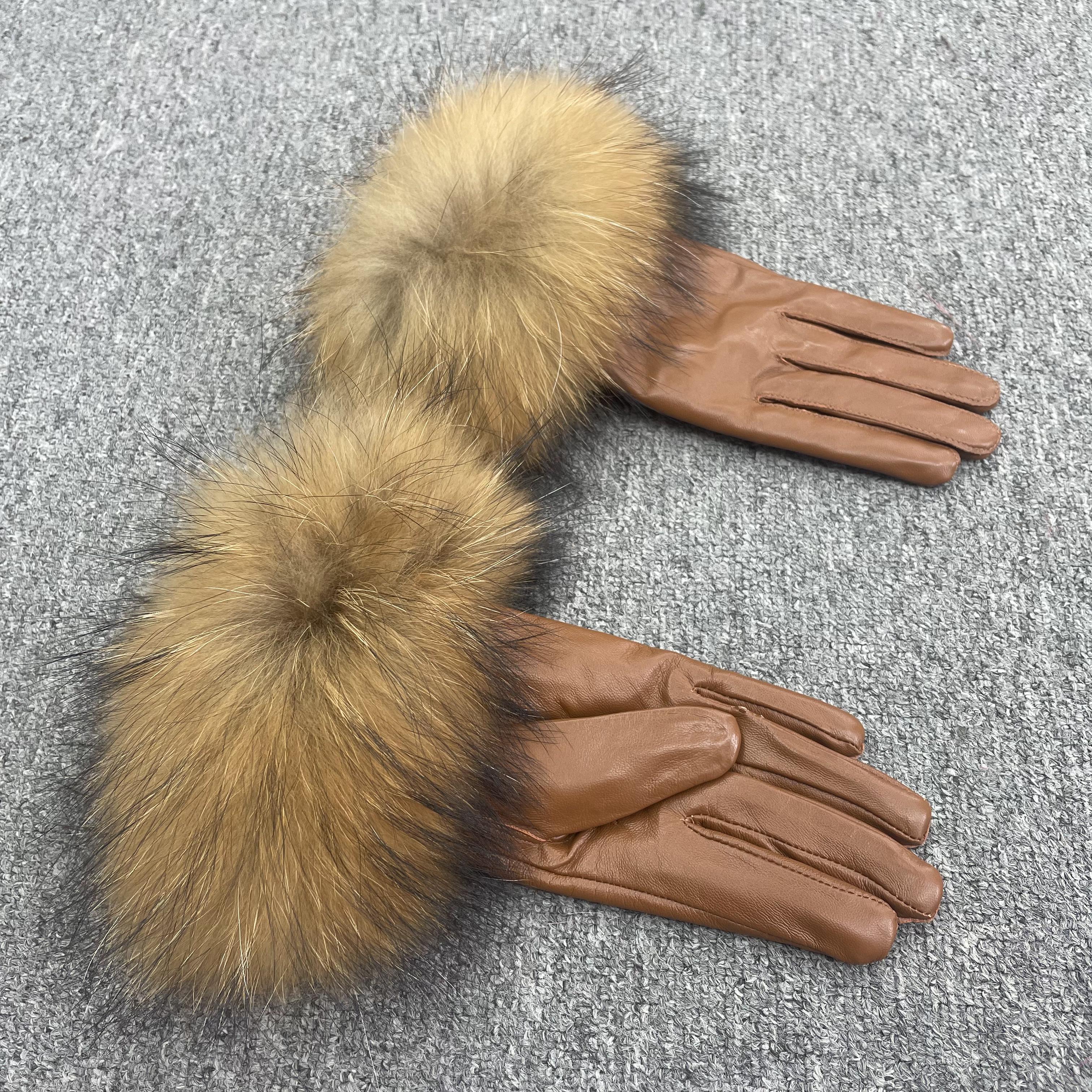 Women’s Black Leather Gloves with Real Fox Fur Trim – Elegant Winter Fashion Accessory for Luxury Style 10 F