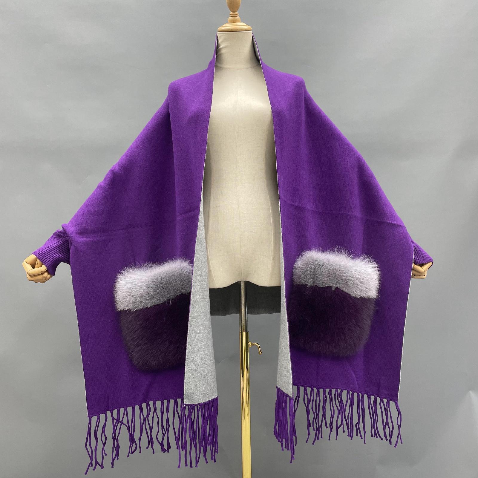 Women's Shawl Cape with Pockets Fur Contrast Ribbed Cuffs Fashionable Soft Sleeved New Cape - Janefur