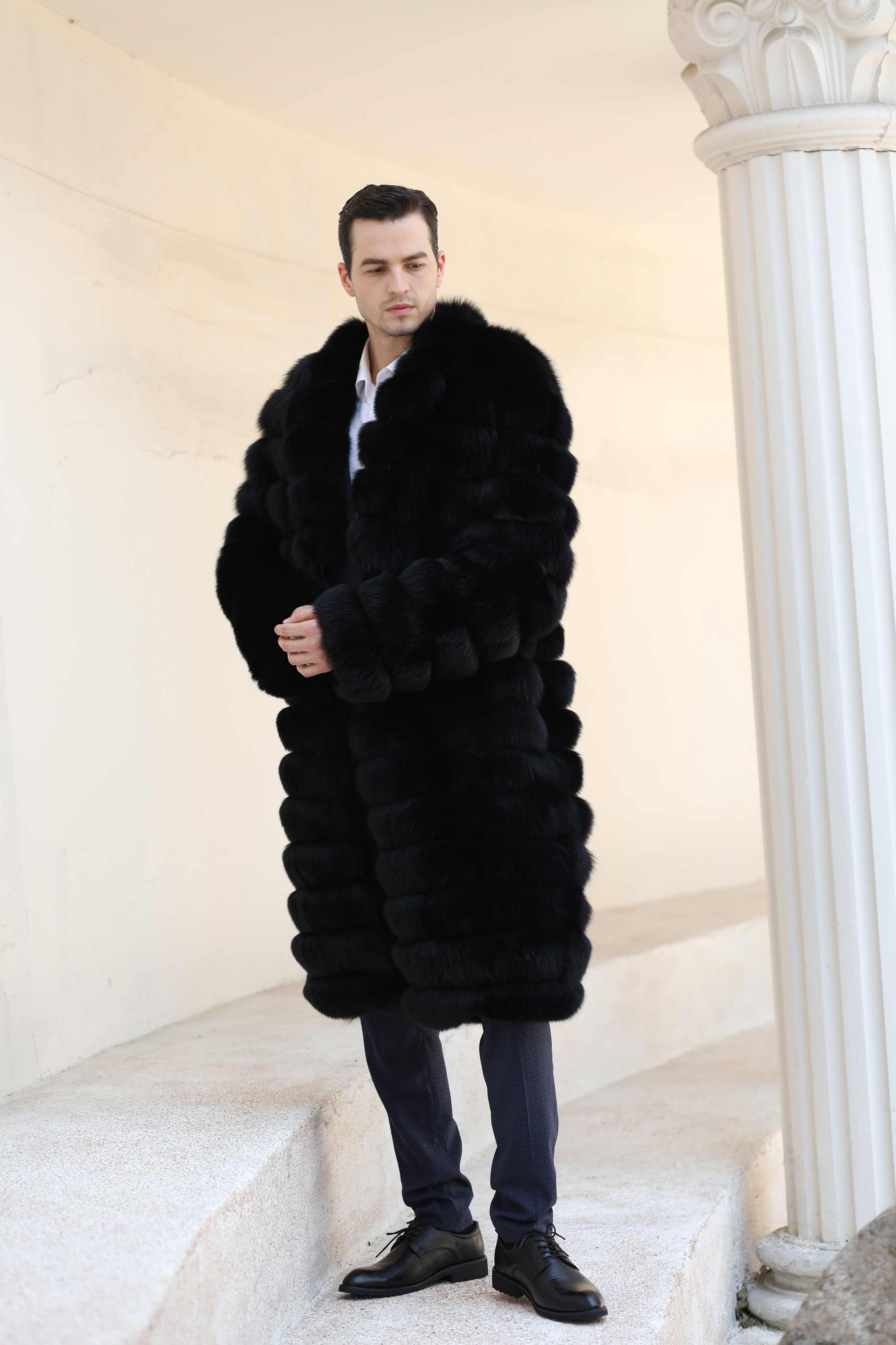 Men's Long Luxury Fur Collar Real Fox Fur Winter Fashion Coat - Janefur