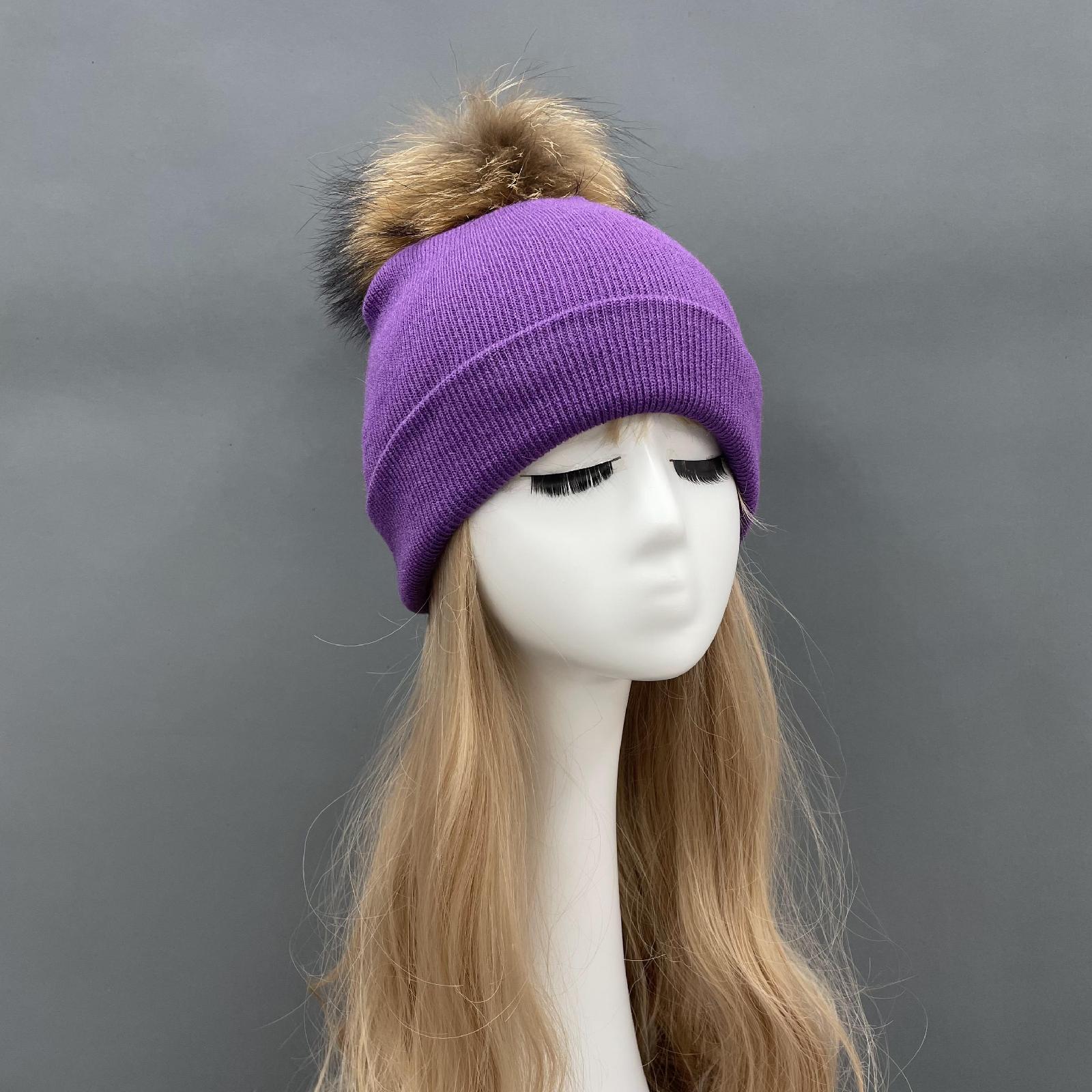 Solid Color Acrylic Knitted Hat with Single Fur Pom Pom Women's Knit Cap - Janefur
