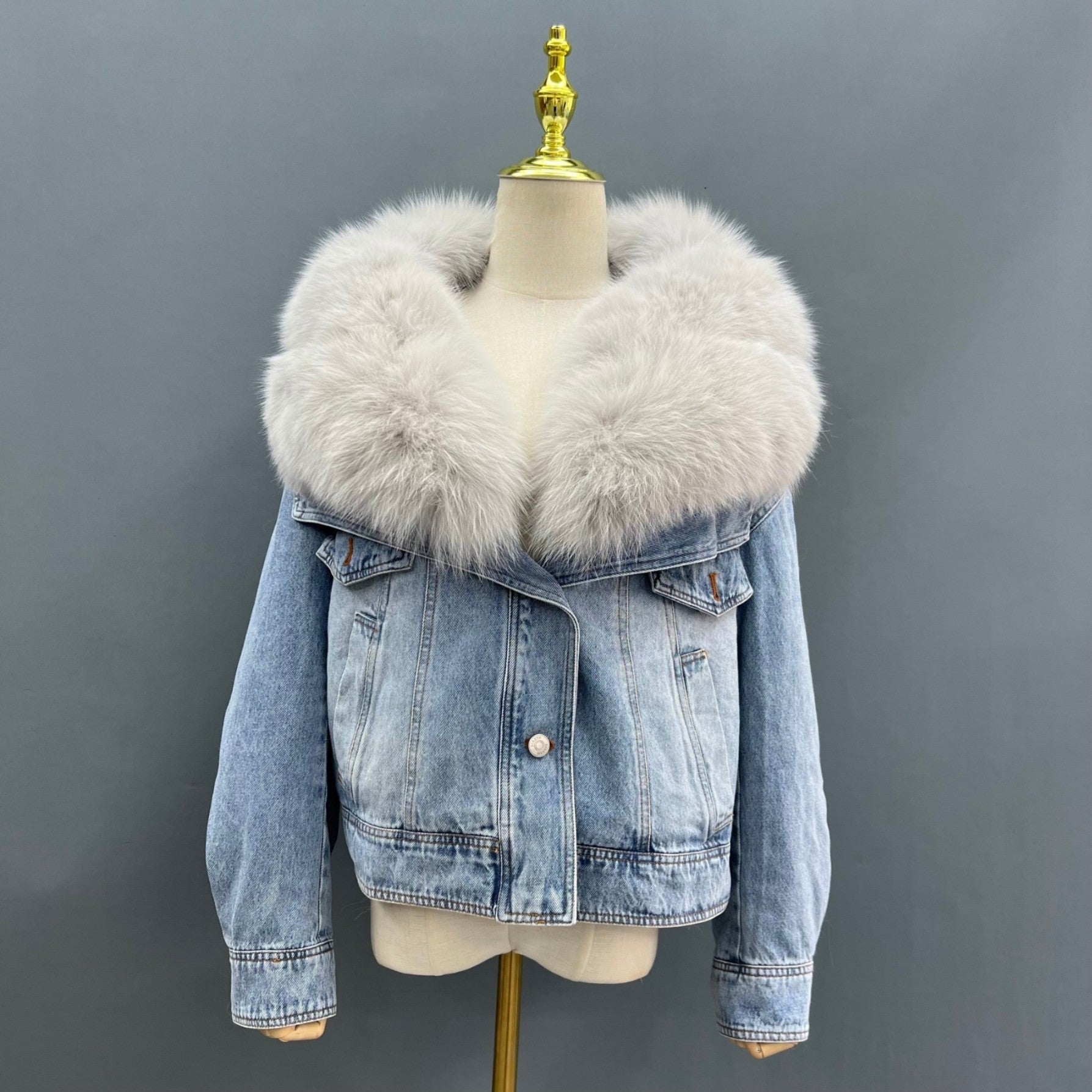 Fur Collar Fur Parka Denim Down Coat Jacket - Janefur