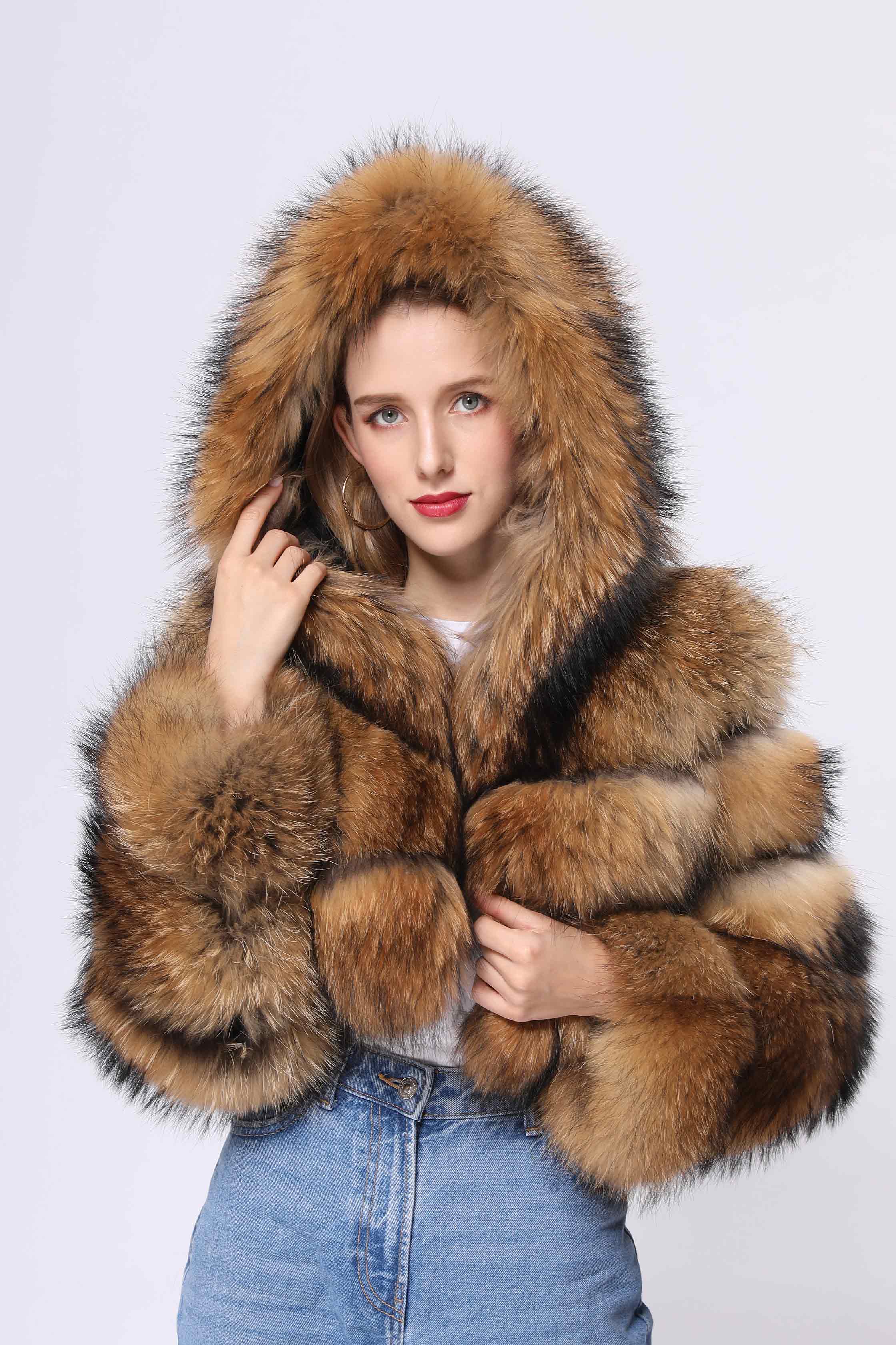 Fashion coat winter natural raccoon fur hooded short women's jacket - Janefur
