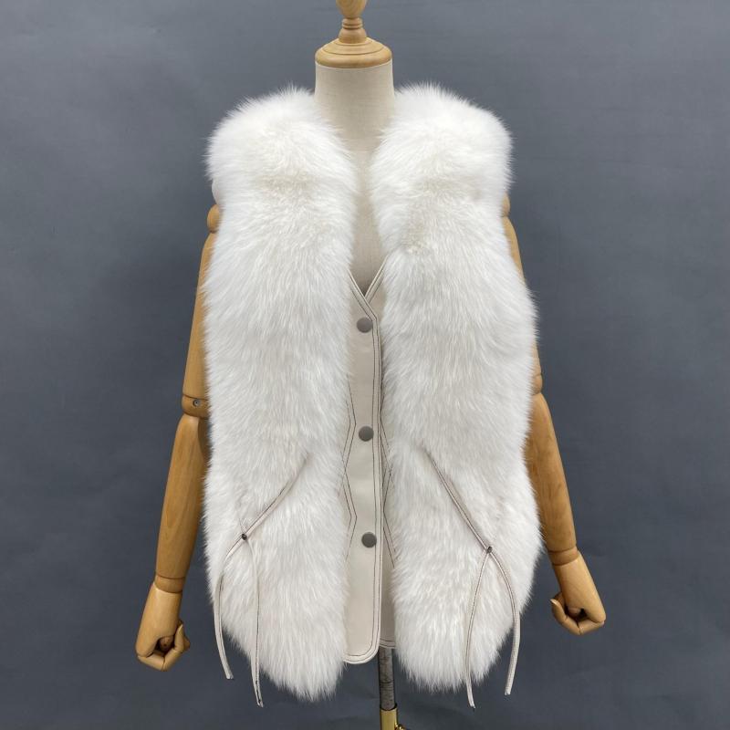 Janefur Blue Fox V Neck Fox Fur Leather Vest - Janefur