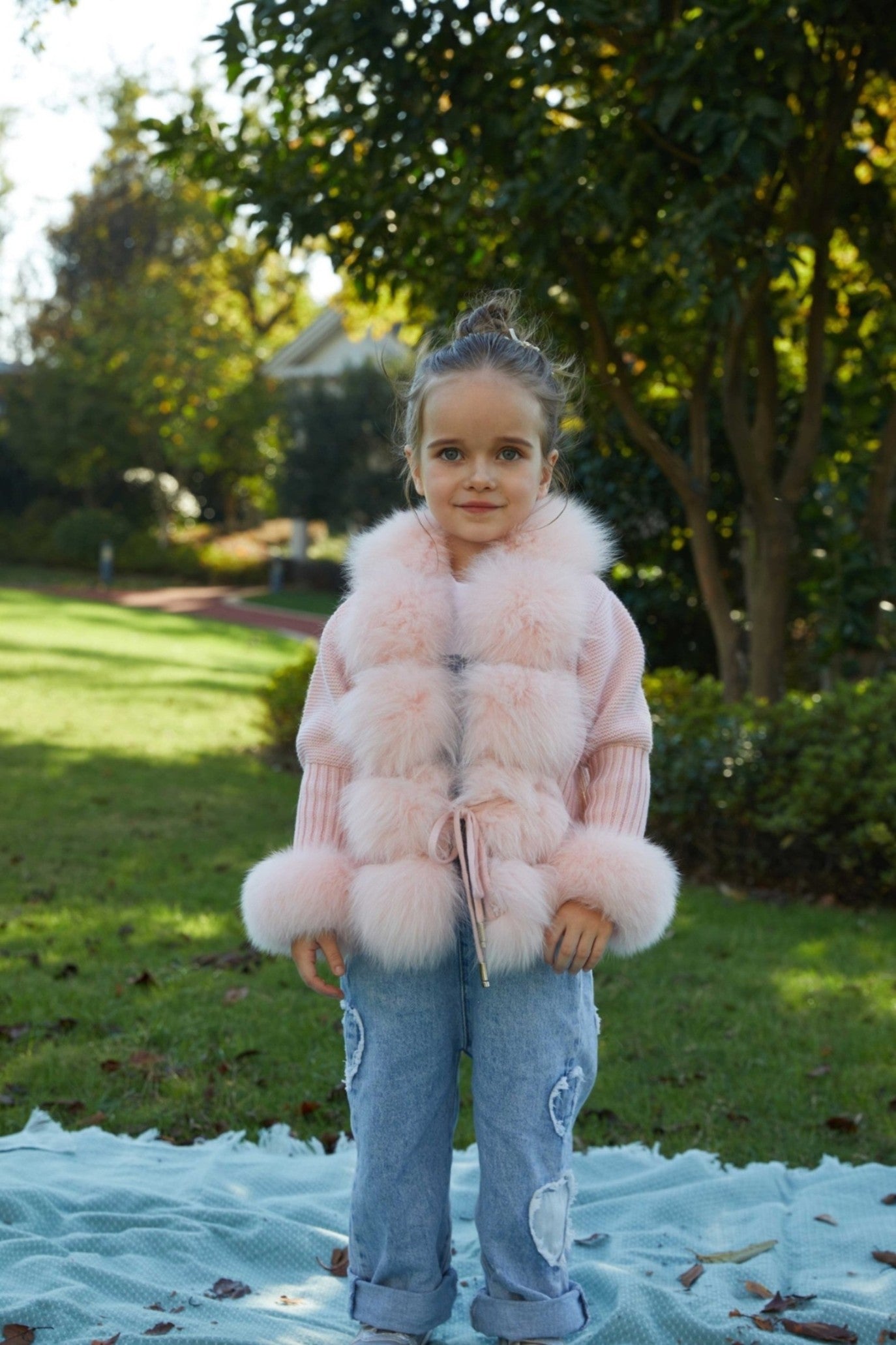 Little Girl's Pink Knitted Children's Coat With Fox Fur Trim - Janefur