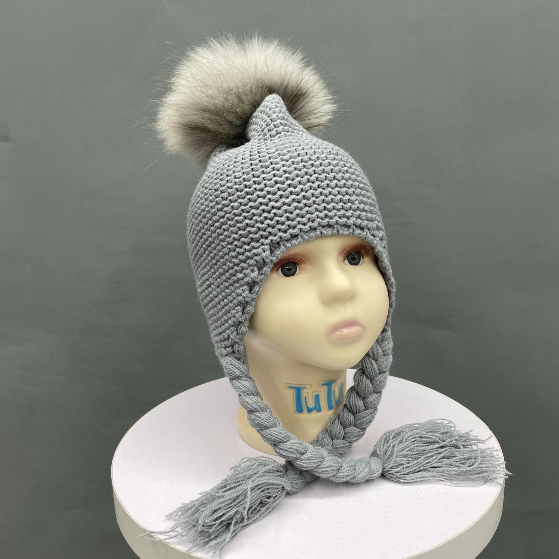 Children's Fashion Knitted Big Braid Raccoon Fur Pom Pom Hat - Janefur