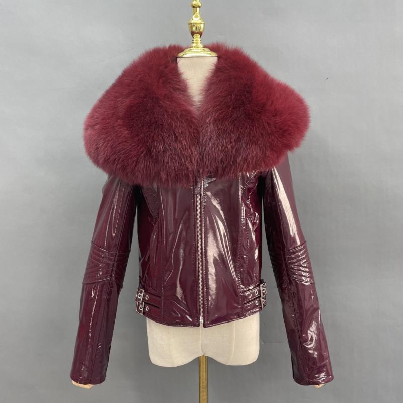 Women's Short Fox Fur Collar Bright Leather Coat - Janefur