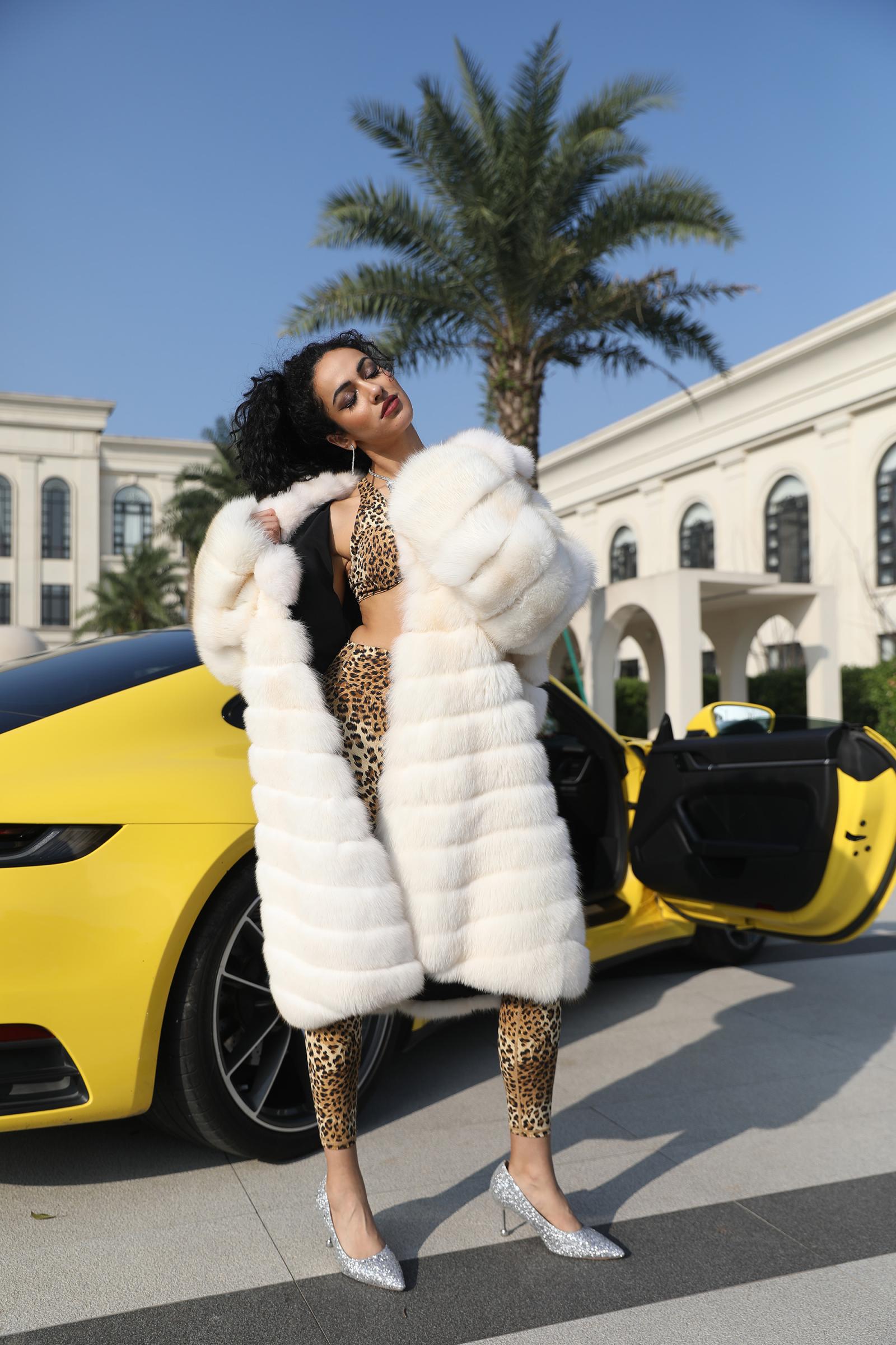 Women's Luxurious Fox Fur Lapel Striped Long Coat Fur Jacket - Janefur