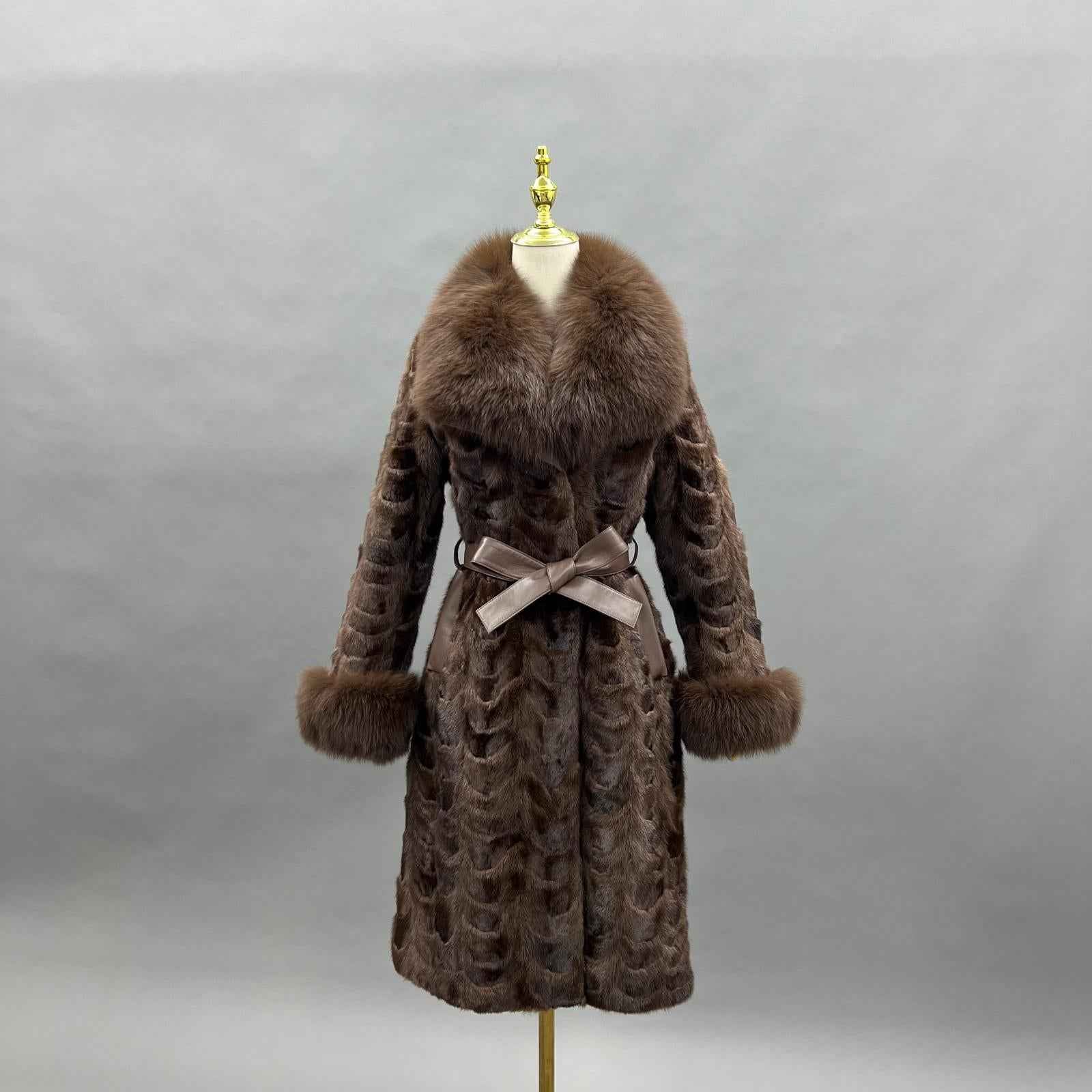 Fox Fur Collar Women's Mink-trimmed Belted Fashionable Coat Fur Jacket - Janefur