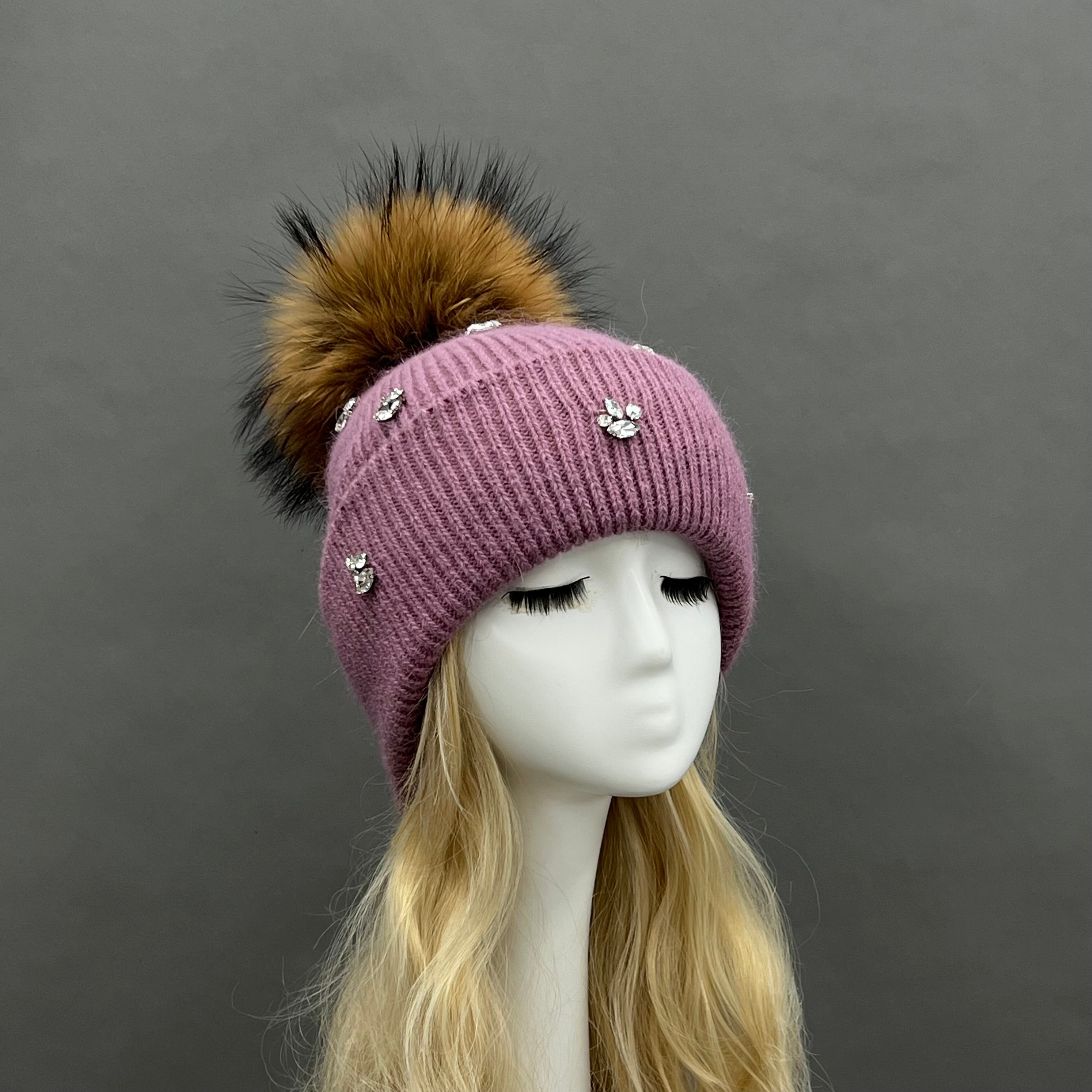Ladies' Rabbit Fur Hat with Small Rhinestone Pompoms for Casual Wear - Janefur