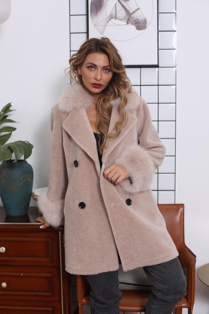Double-breasted with Cuffed Sleeves Fox Fur Shearling - Janefur