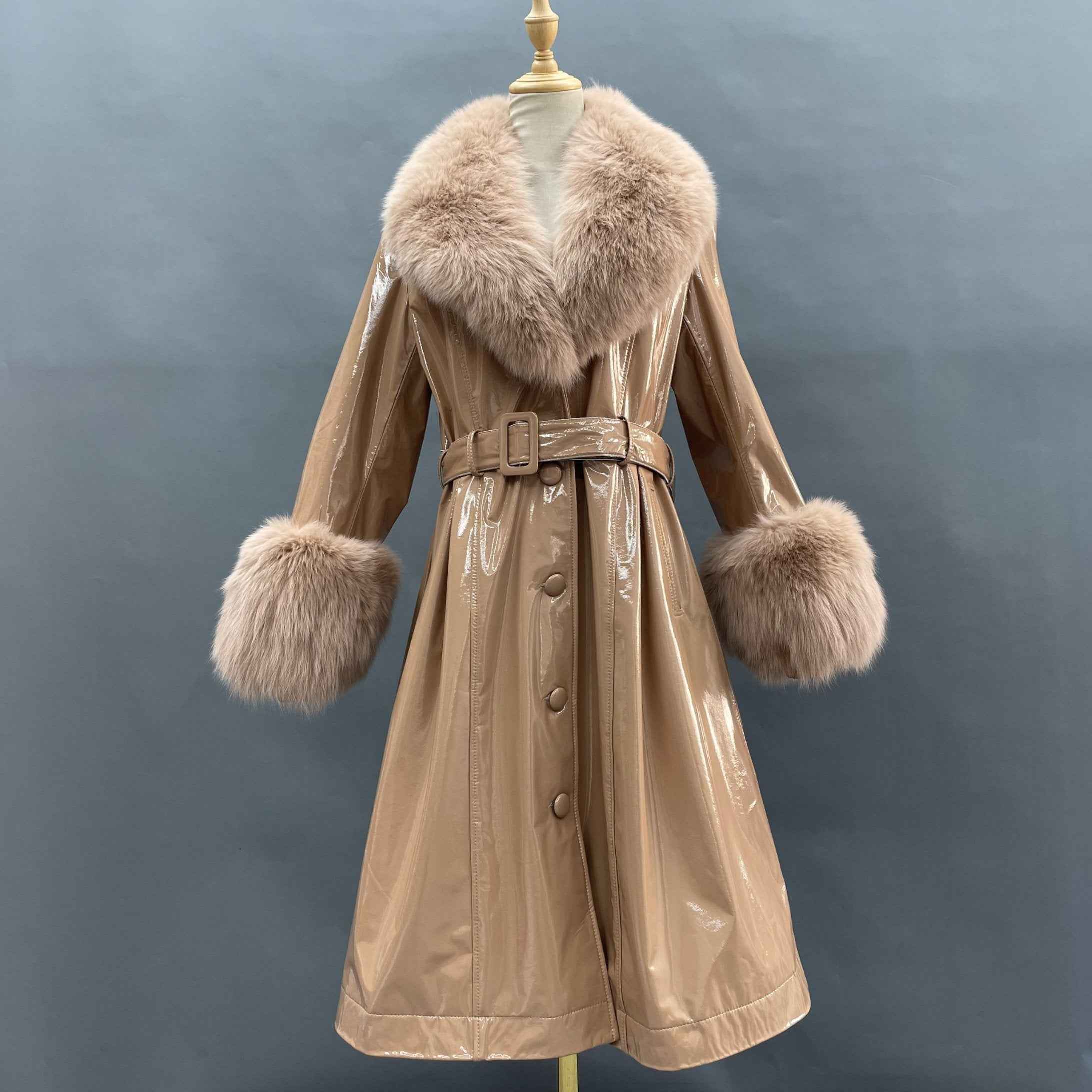 Women's Winter Large Flip Lapel Collar Fur Terry Long Shiny Leather Jacket - Janefur