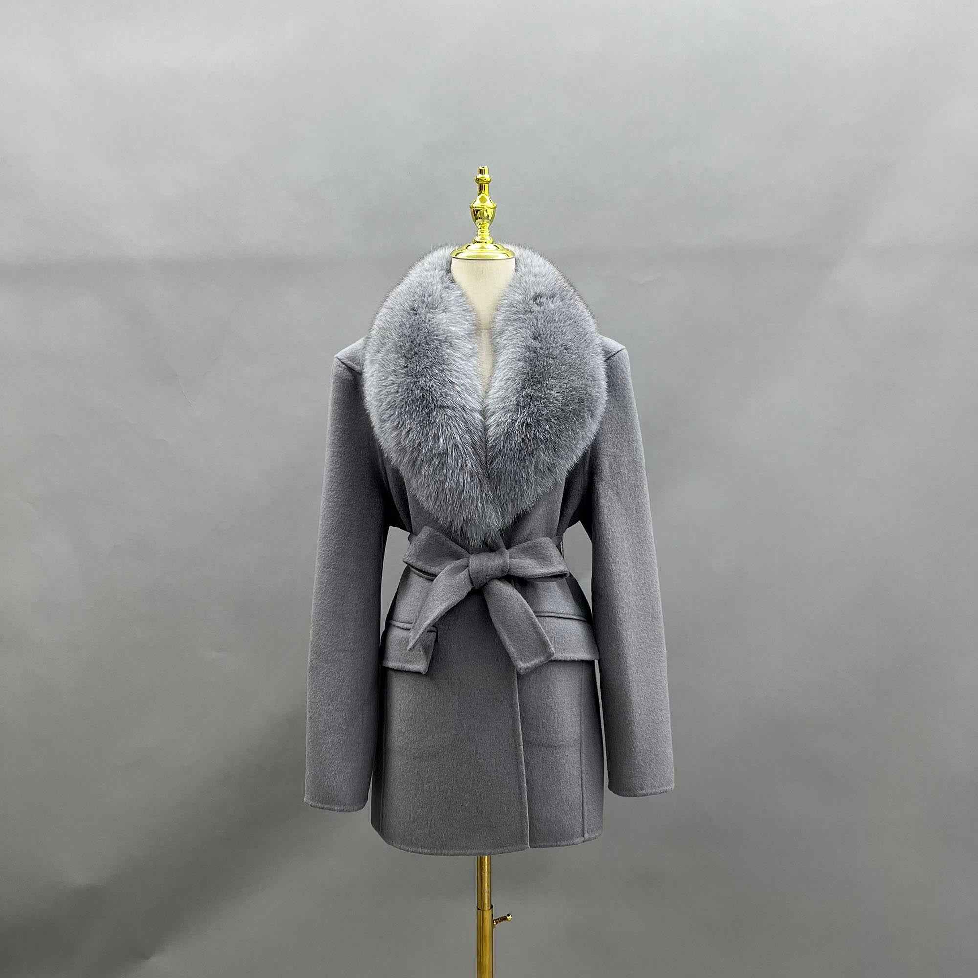 Janefur Womens Fashion Cashmere Coat Waisted Shoulder Design Fox Fur Collar Wool Coat - Janefur