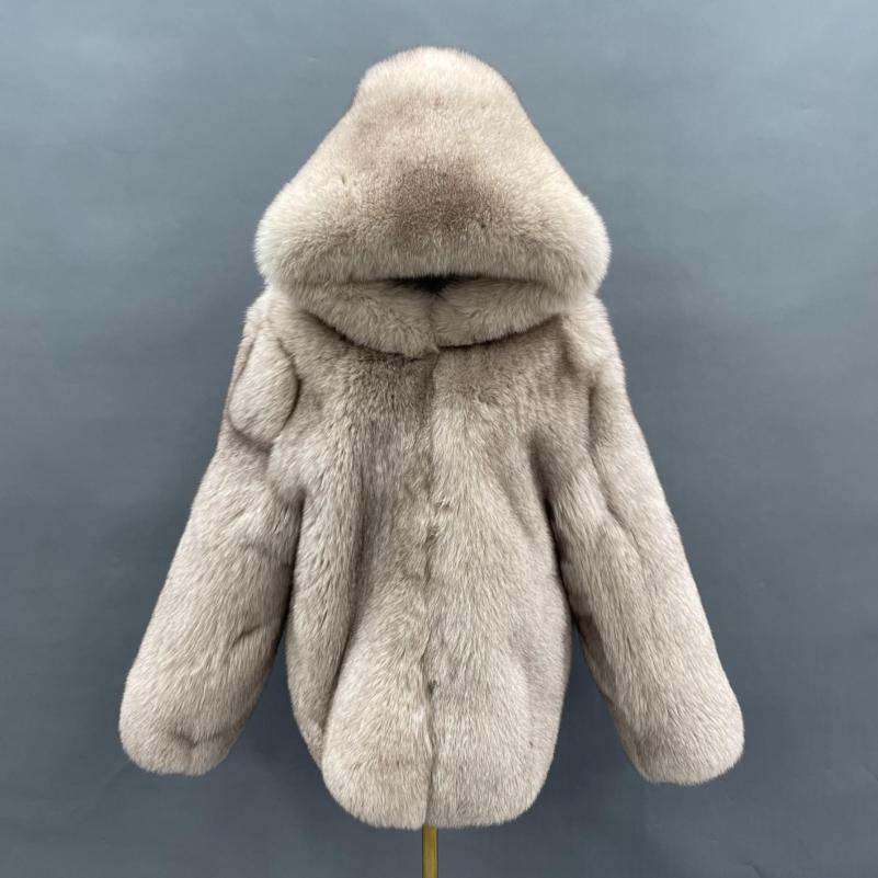 Fashionable Warm Winter Real Fox Fur Thick Jacket Solid Colour Hoodie - Janefur