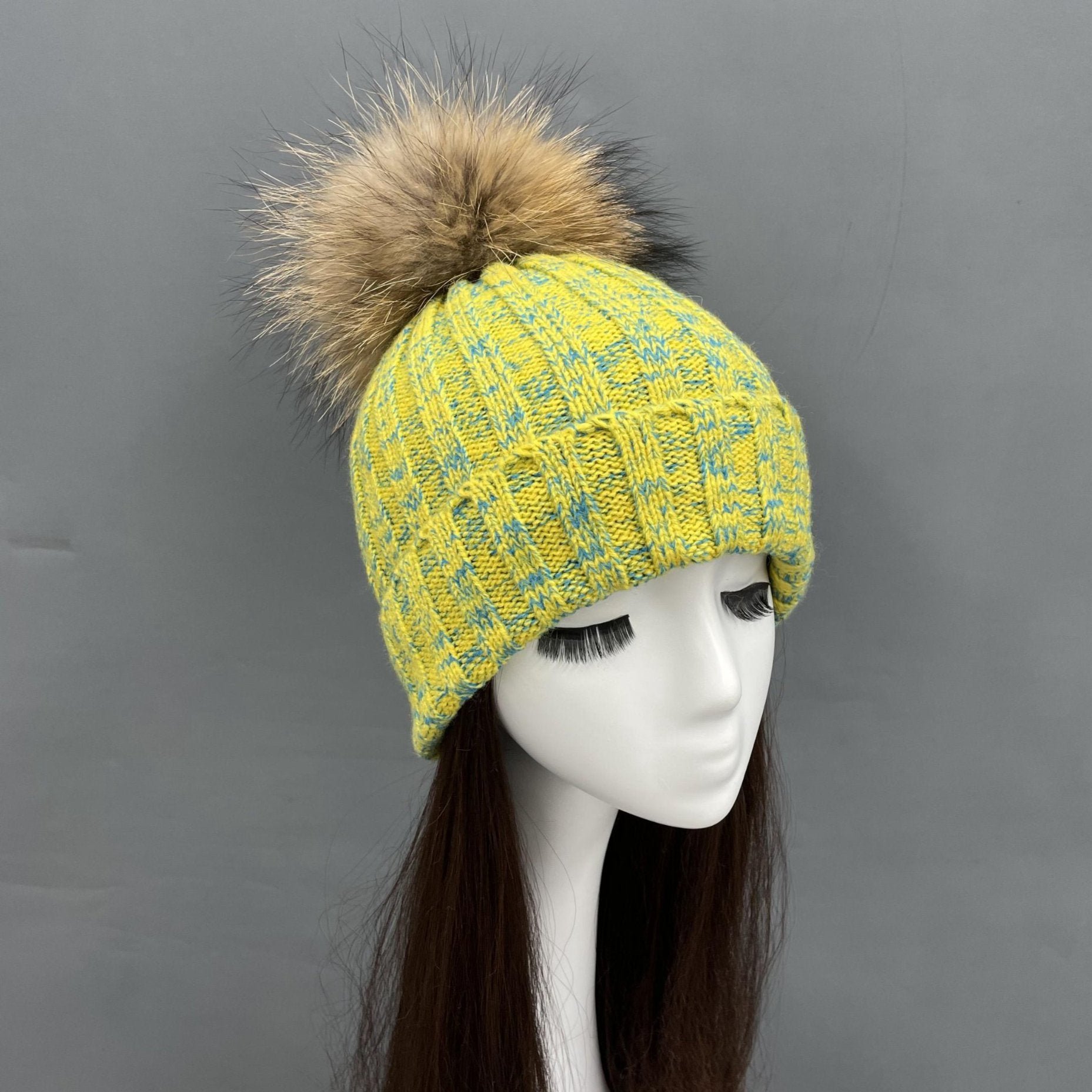 New Fall And Winter Striped With Fur Pom Pom Acrylic Hat - Janefur