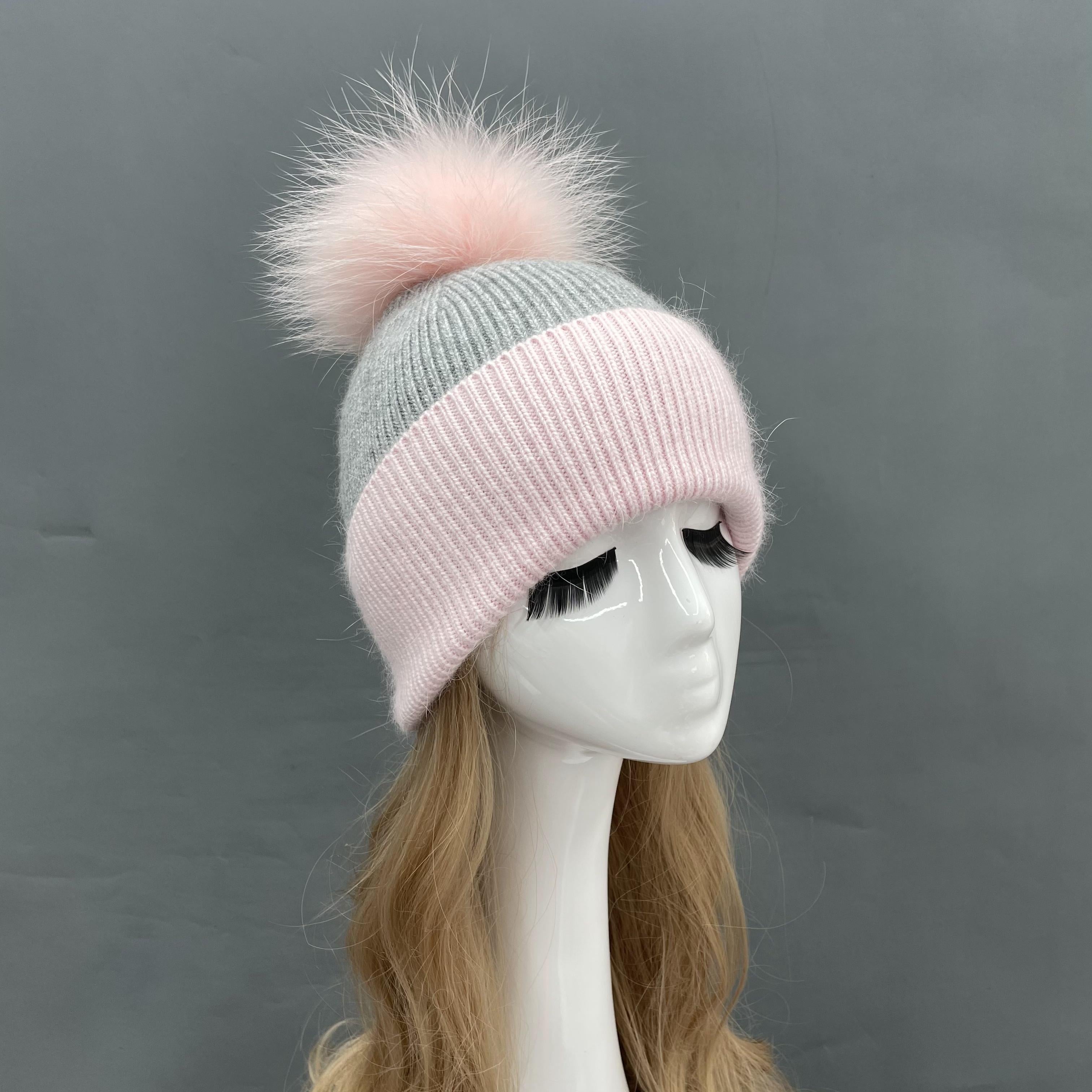 Contrast Color Angora Knitted Fur Pom Pom Warm Beanie Hat For Adults and Children - Janefur