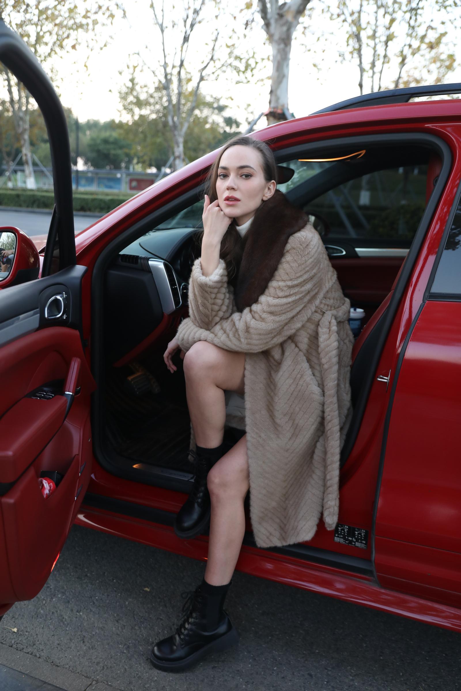 Women's Fashionable Lapel Herringbone Faux Mink Eco Fur Coat - Janefur