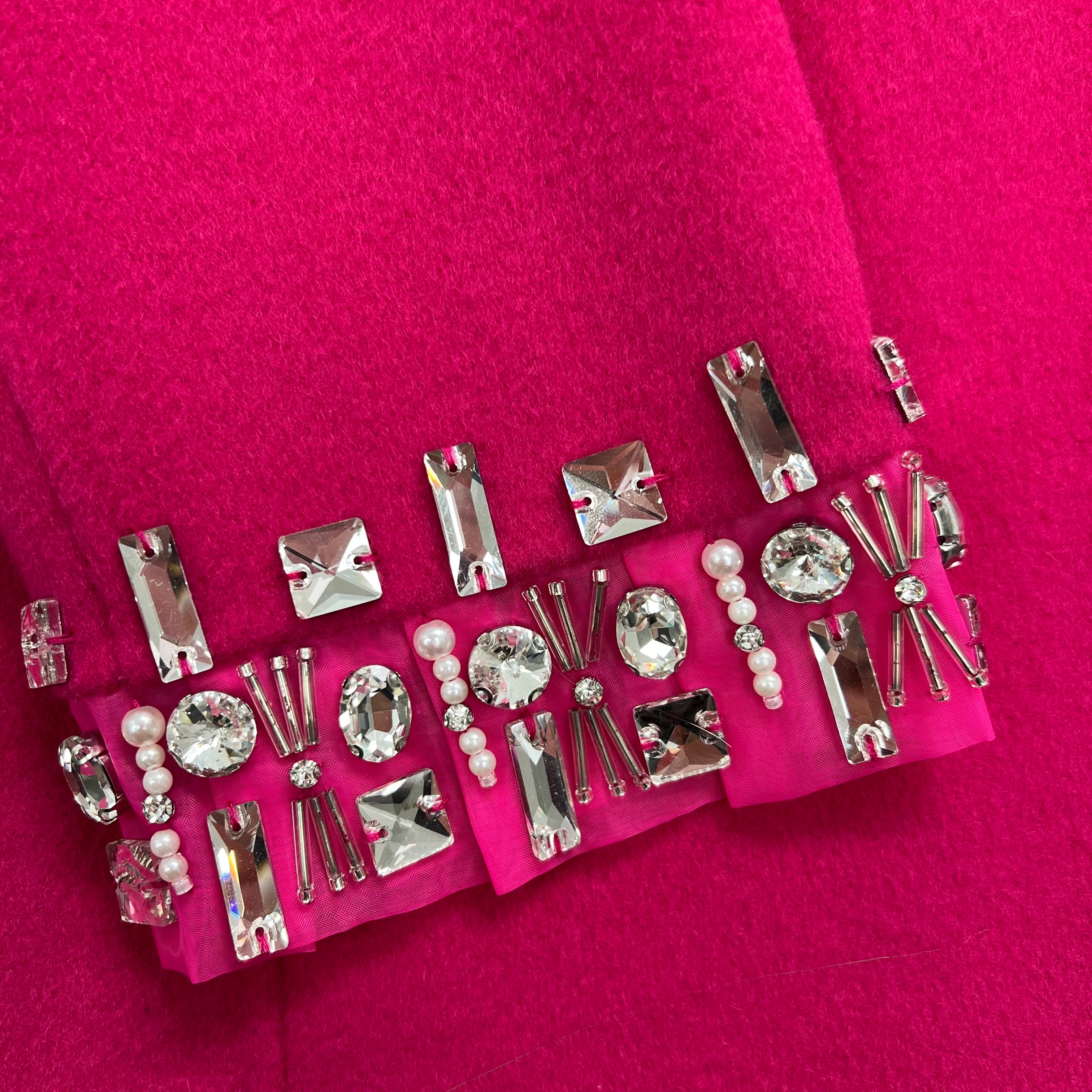 Tailored Double-Faced Wool Blazer with Rhinestone Cuff Embellishments – Hot Pink Statement Coat for Women - Janefur