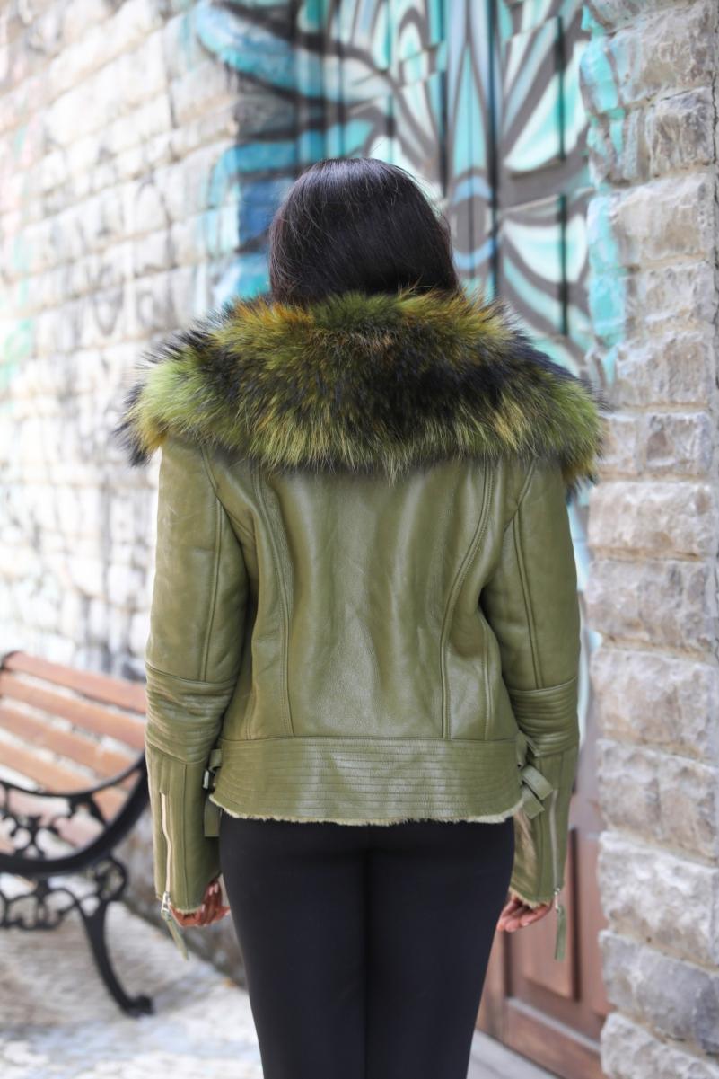 Large Raccoon Fur Collar Leather and Fur Combination - Janefur