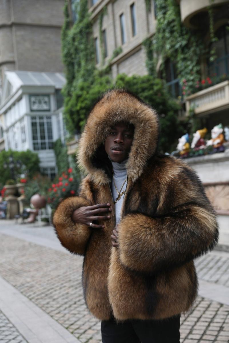 Men's Whole Fur Hooded Coat Made Of Raccoon - Janefur