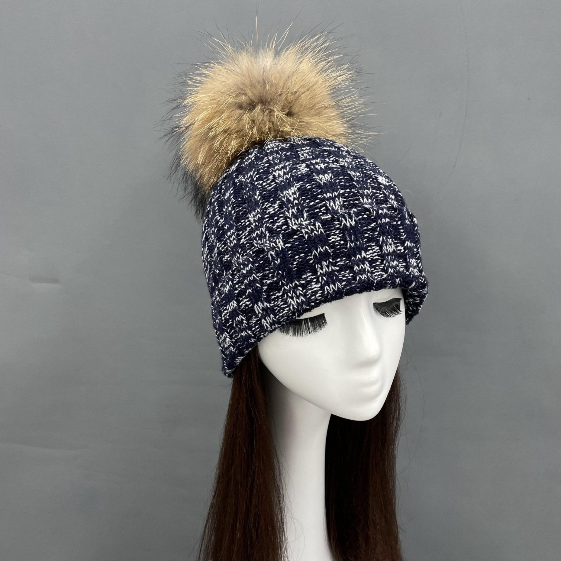 New Fall And Winter Striped With Fur Pom Pom Acrylic Hat - Janefur