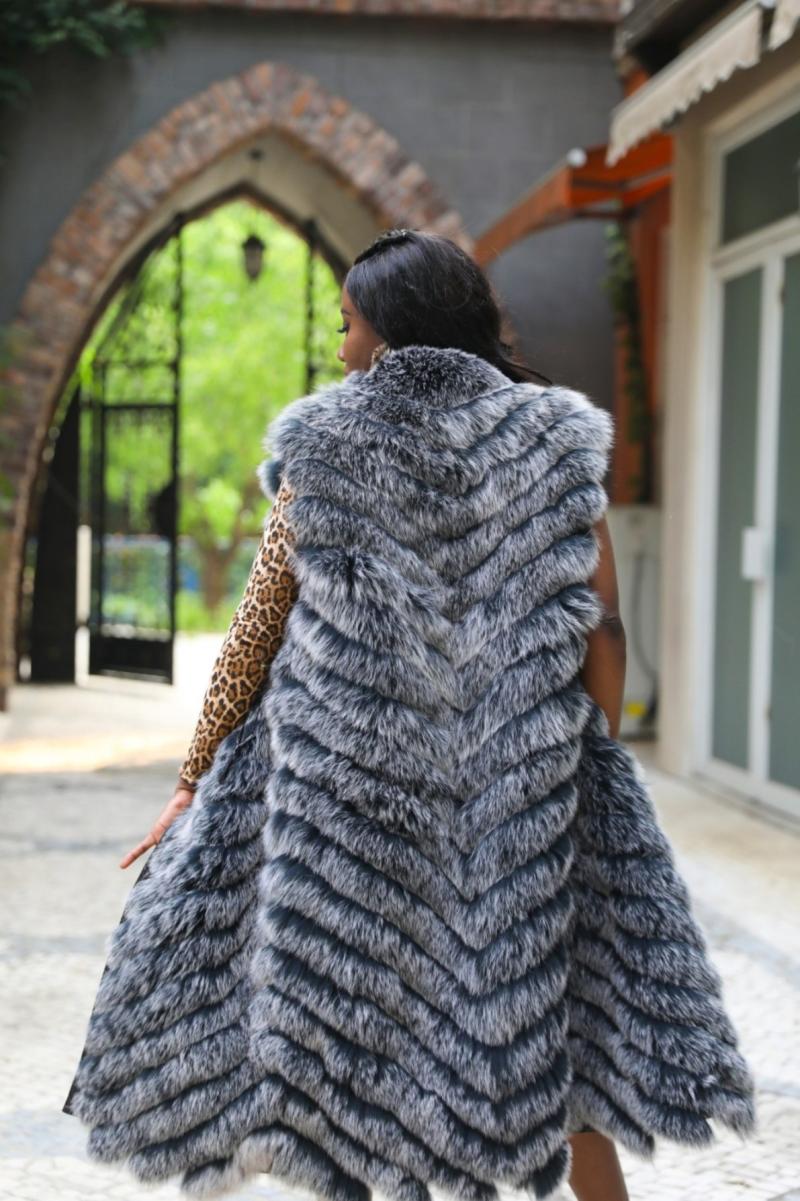 Double-Sided Fox Fur Diagonal Stripe Long Vest - Janefur